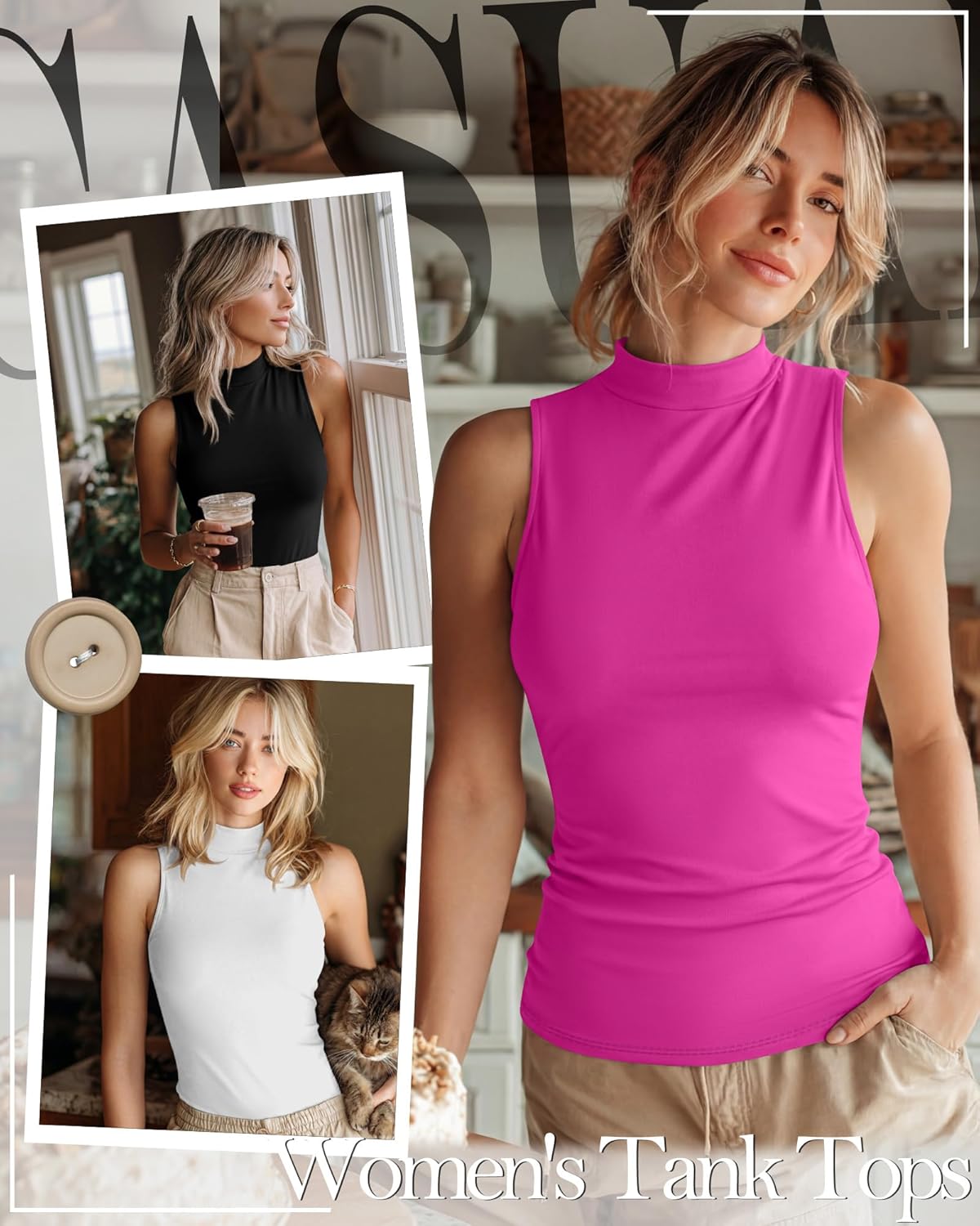 Ficerd 3 Pack Women's Sleeveless Tank Tops, Mock Neck Summer Shirts Slim Fit Stretch Basic Tops Lightweight Knit Tee