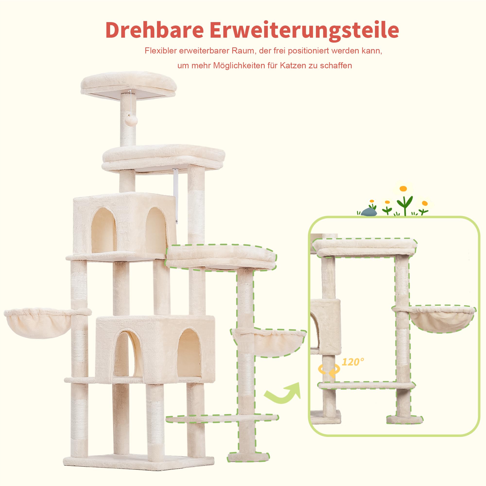 Groer Kratzbaum 160cm Fr Katzen - Mit Hngematte, Betten & Sisal Fr  Grokatzen Mehrstckiger Kratzbaum