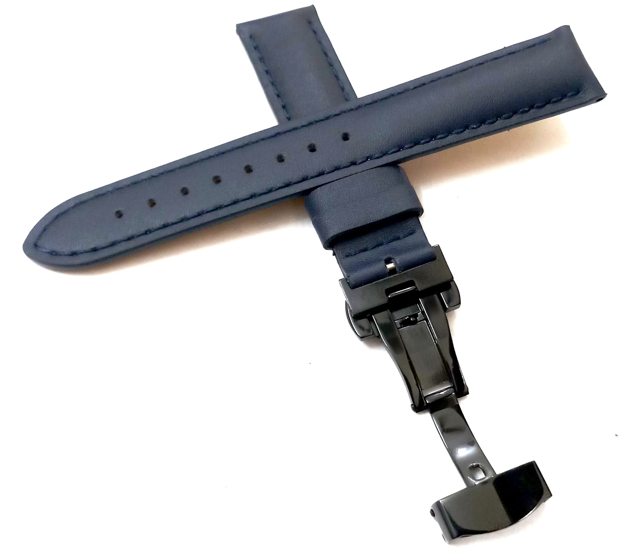 20mm Genuine Leather Watch Band Strap Fits BL8000-54L Eco-Drive Calibre 8700, 8700 Blue Deployment Black Buckle