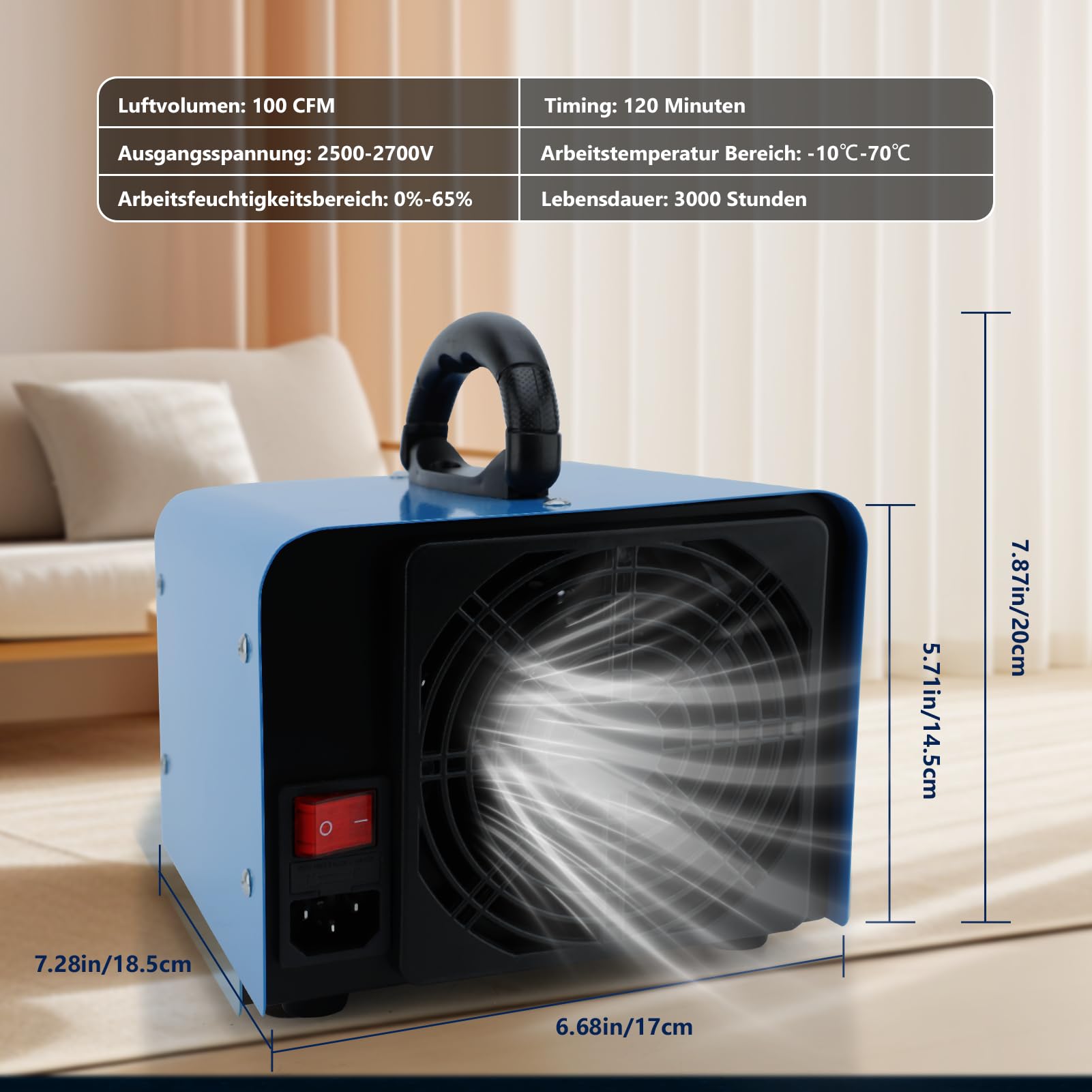 Industrielle Ozongenerator 40000mg/h O3 mit 120 Min Timer für Autos Wohnungen Geruchsbeseitigung Blau