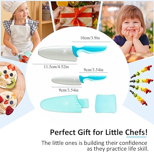Miniatura 6 de Kibbidea Juego de cuchillos para niños, 4 cuchillos de cocina seguros para niños, punta redonda, sin BPA, acero inoxidable, azul