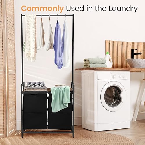 Miniatura 8 de Organizador de ropa para ropa sucia, 2 estantes de 12.7 galones (96 litros), cesta de lavandería con bolsas extraíbles, organizador de lavandería,