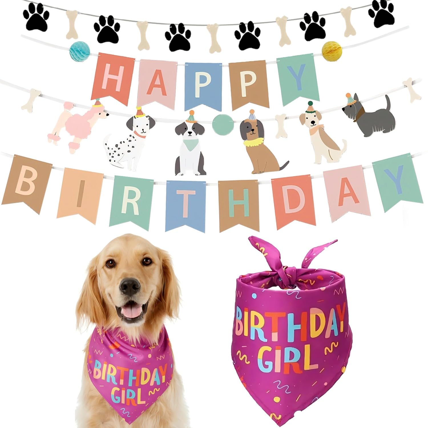 Denipry Dog Themed Birthday Banner and Triangle Dog Bandana Set, Colorful Dogs Birthday Decorations Dogs Paw Print Bone Happy Birthday Flag Backdrop Birthday Party Decorations (Pink)