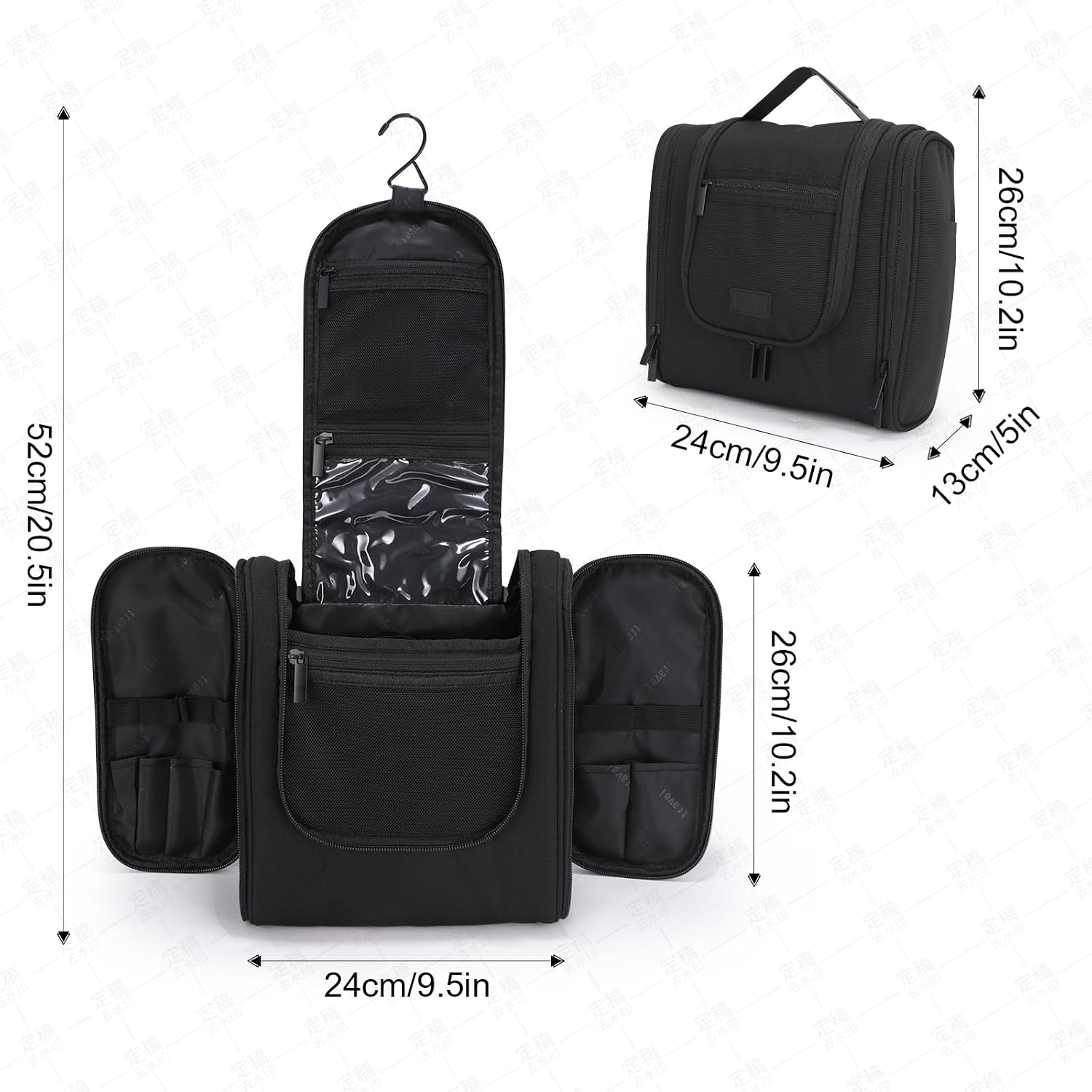 Hanging Toiletry Bag with Hook, Travel Cosmetic Makeup Bag Organizer for Accessories, Shampoo, Shaving Bag for Toiletries Accessories,Travel Essentials Kit (Black)