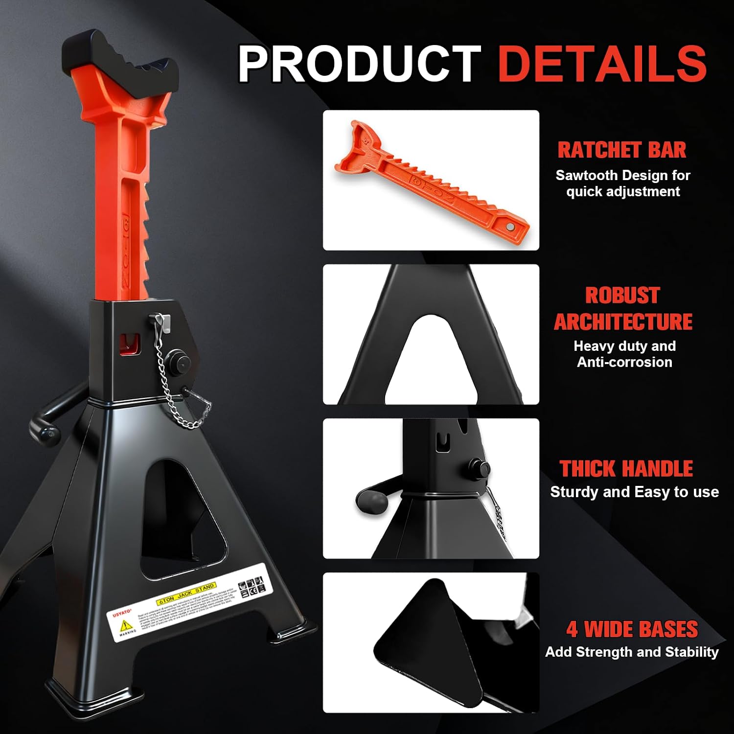 6 Ton Jack Stands (13,200Lbs) - Heavy Duty Car Jack Stand with Double Pin Locking, Adjustable 15.6"-23.4" Height, Extra Rubber Pads for Trucks, Garage, Home,DIY Use - 1 Pair Black