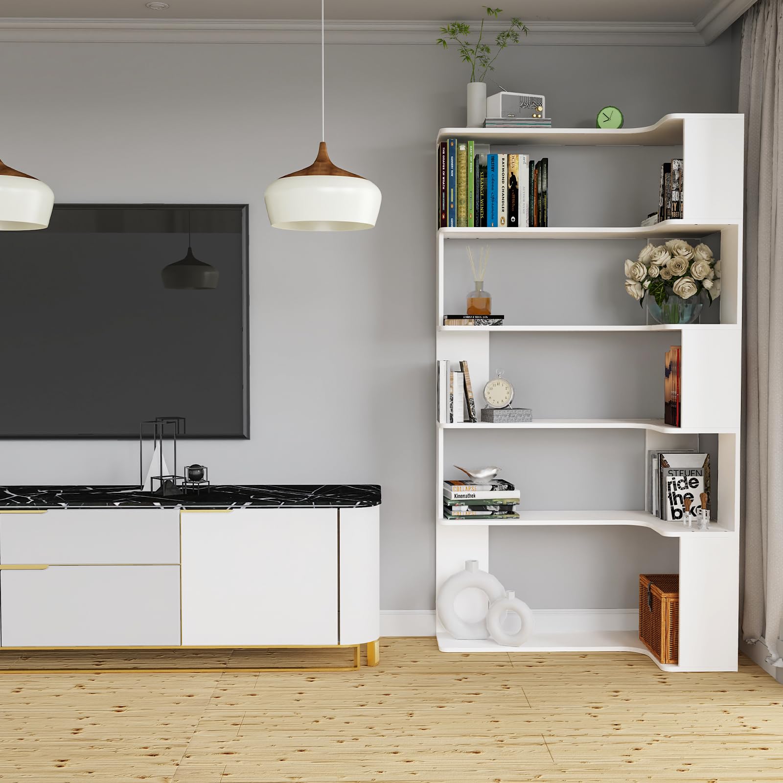 Libreria angolare a 5 ripiani in legno, altezza 169 cm, grande ripiano aperto, stile moderno, mobile per soggiorno, studio, camera da letto，bianco