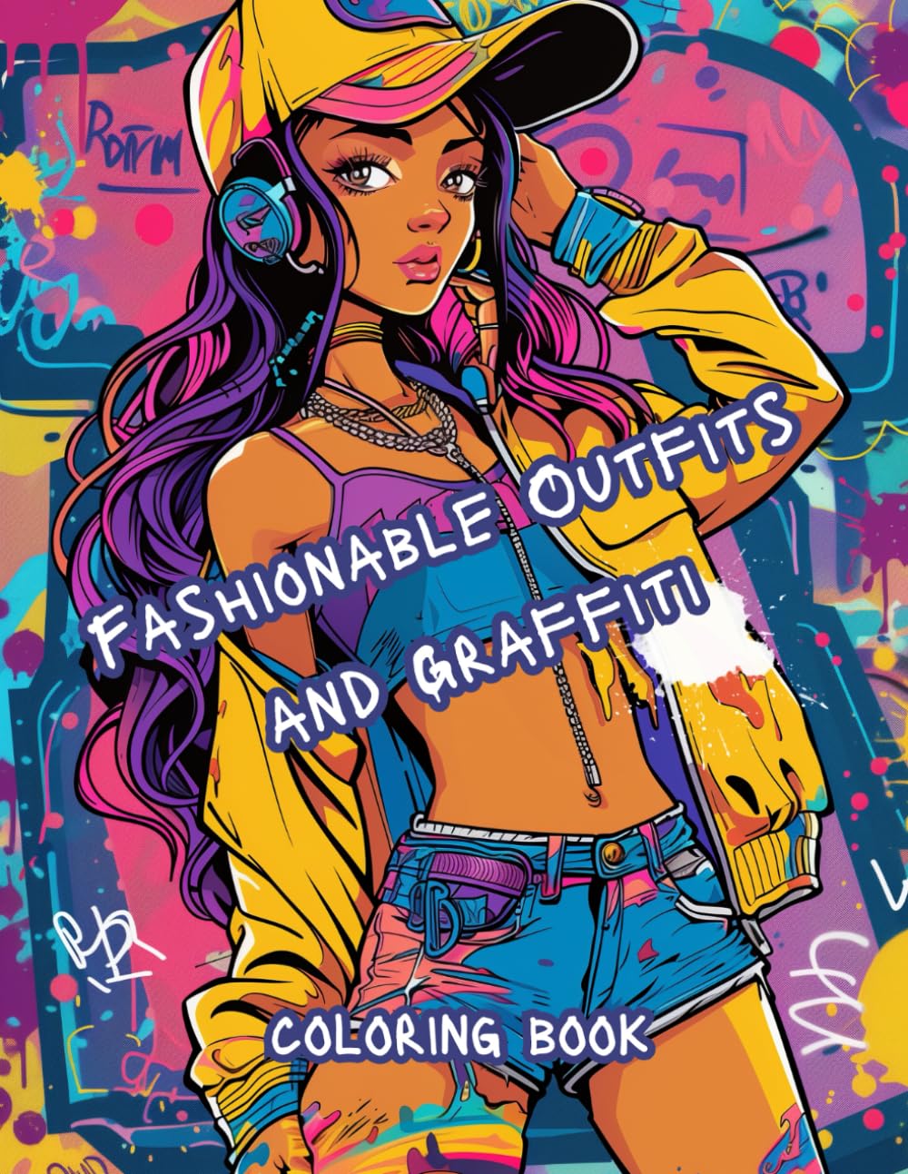 Fashionable Outfits and Graffiti. Coloring Book.