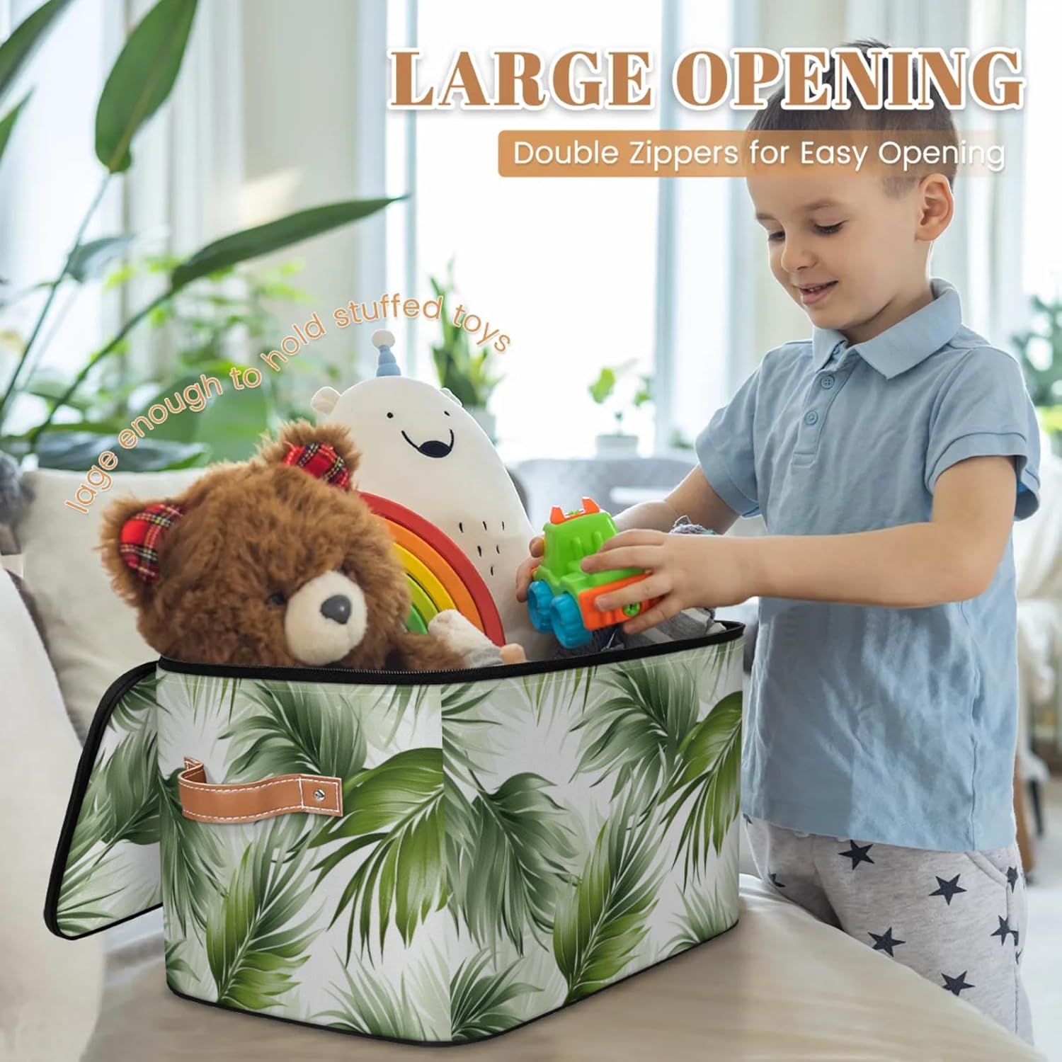 Storage Bin Set of 2 Tropical Leaves Storage Basket with Zipper Lid & Handle Foldable Closet Shelf 2 Pack Cloth Organizer Basket Cube Bins Clothes Organizer for Nursery, Bedroom
