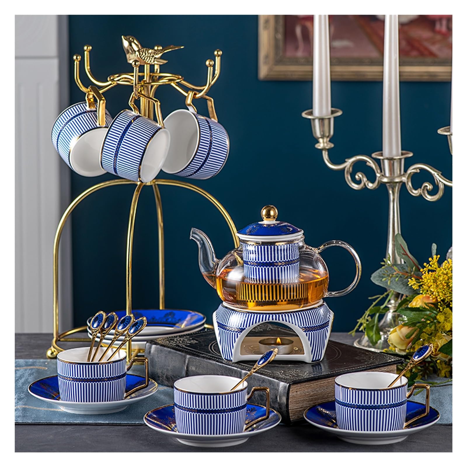 Zestaw do herbaty z porcelany kostnej z metalowym uchwytem, herbata kwiatowa, herbata owocowa, popołudniowa herbata, porcelanowe zestawy ze szklanym czajnikiem i podgrzewaczem, prezenty dla miłośnika