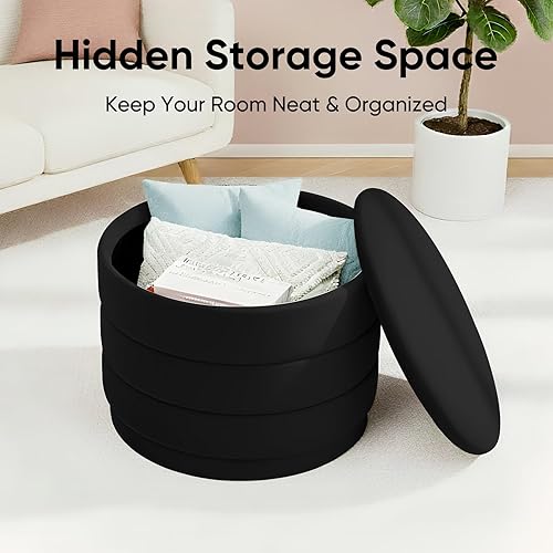 Miniatura 4 de Otomana redonda de terciopelo de 23 pulgadas con tapa reversible, reposapiés acolchado suave y almacenamiento oculto, bandeja de tapicería grande