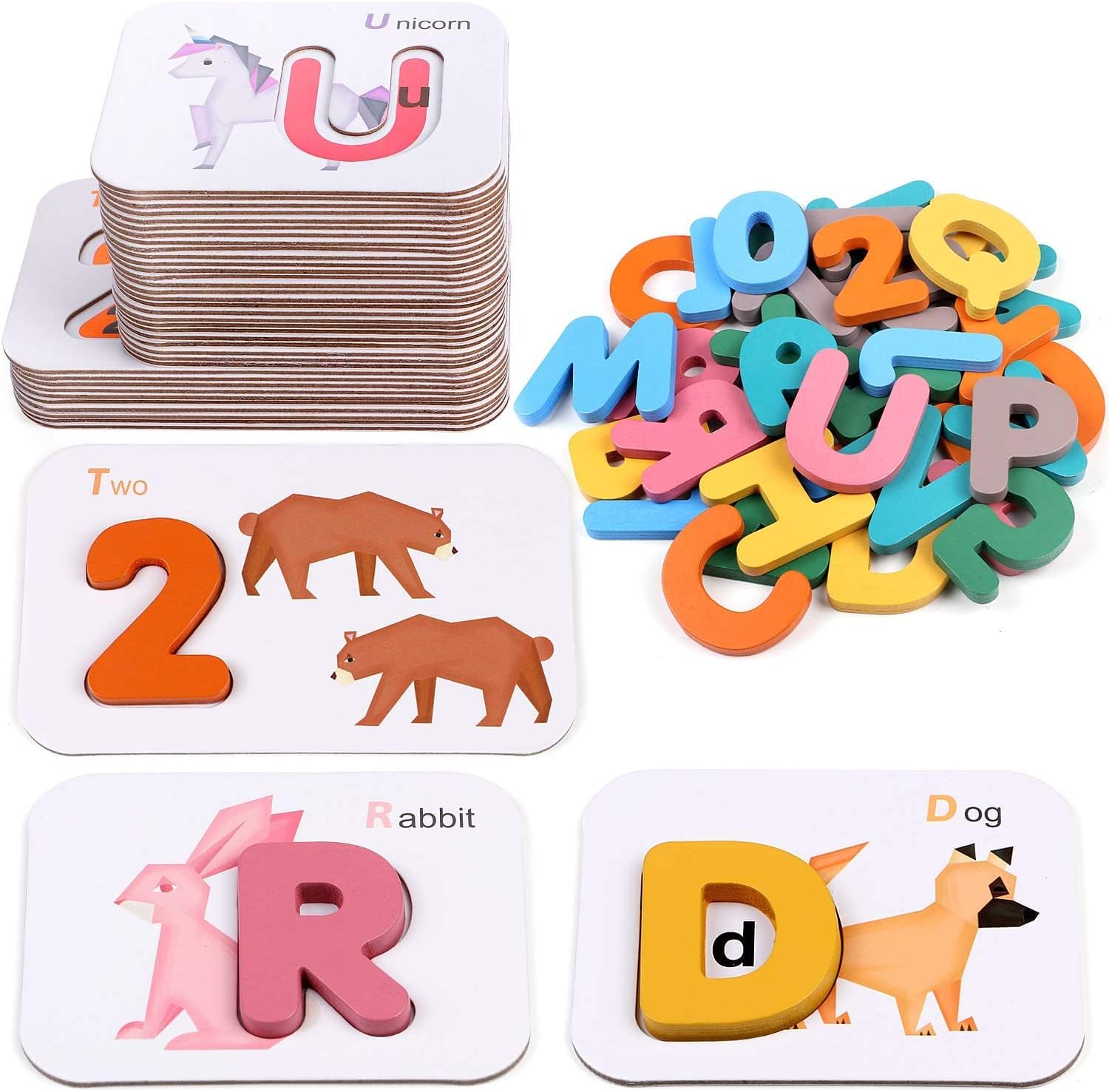 Alyasameen Alphabets and Numbers Flash Cards, Wooden Letters ABC Animal Matching Game Colors Sorting Puzzle, Montessori Preschool Learning Educational Toy Gift for Kids 4 5 6 Years Old Kids