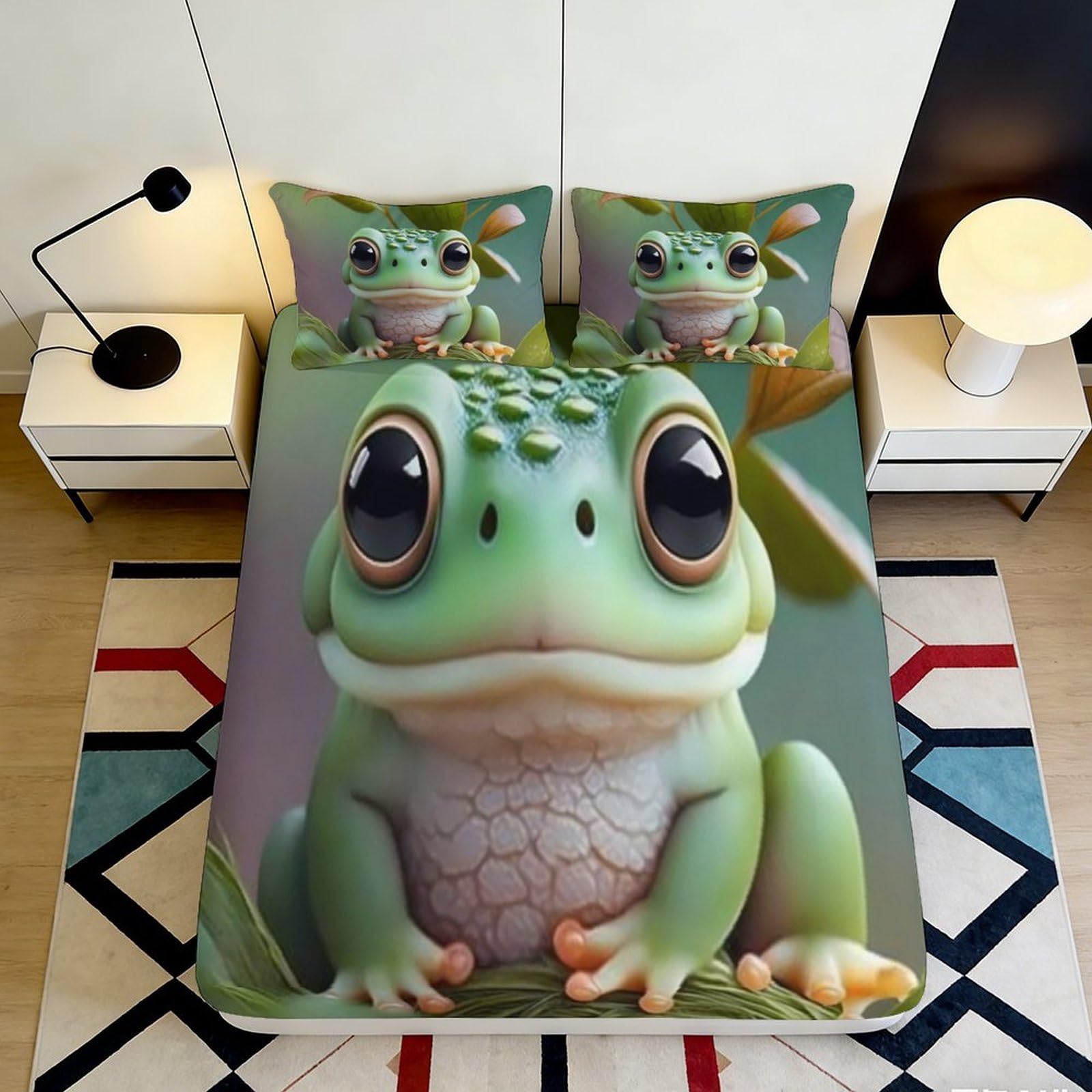 3D Printed Cartoon Frog Fitted Sheet Microfiber Soft Green Animal Mattress Cover for Bedroom Guest Room Decor 90x200x25cm