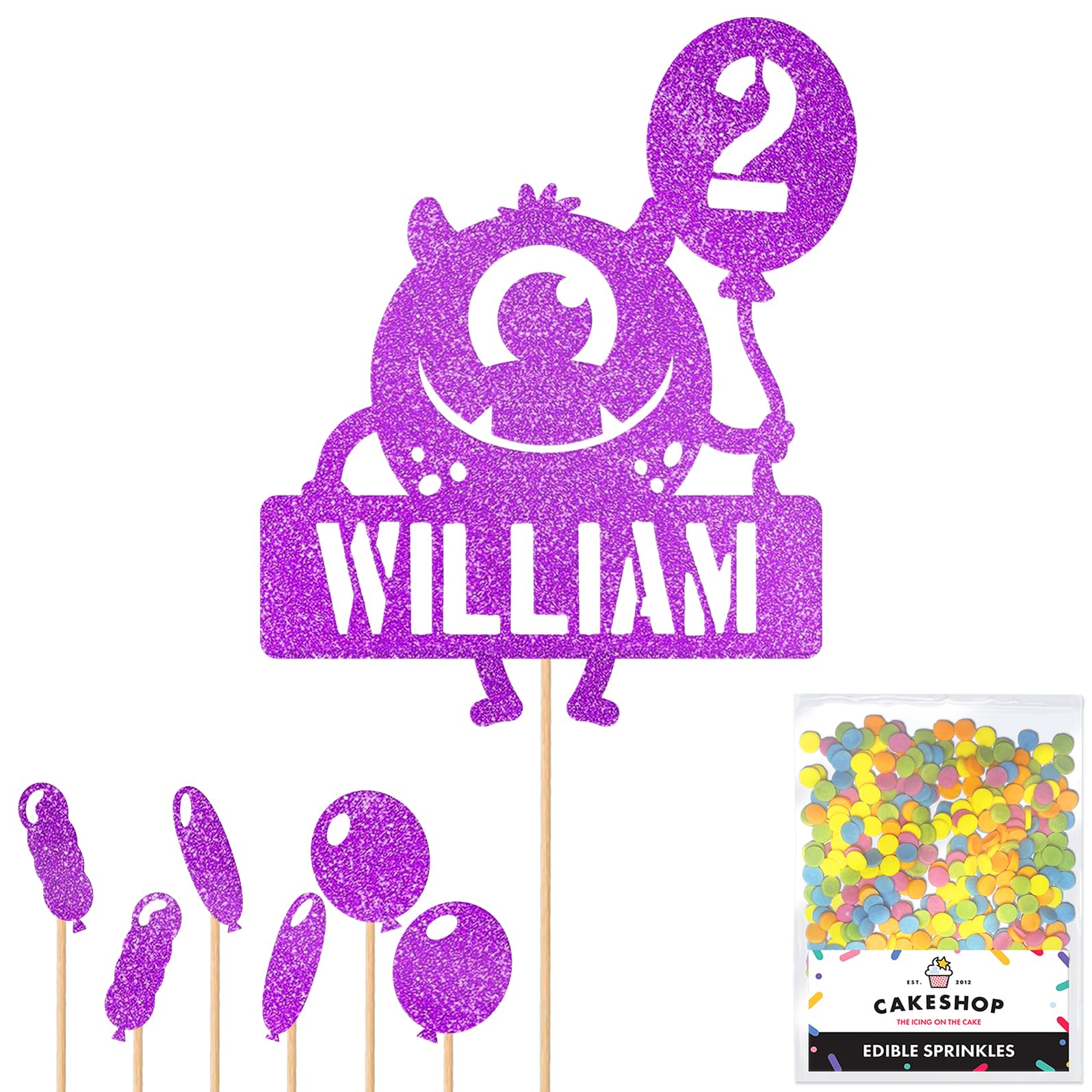 Personalised Birthday Monster Alien Glitter Cake Topper- Purple Any Custom Age & Name Glitter Cake Decoration and Sprinkles - Happy Birthday Decorations - Personalised Toppers for Cakes by Cakeshop โ image 1