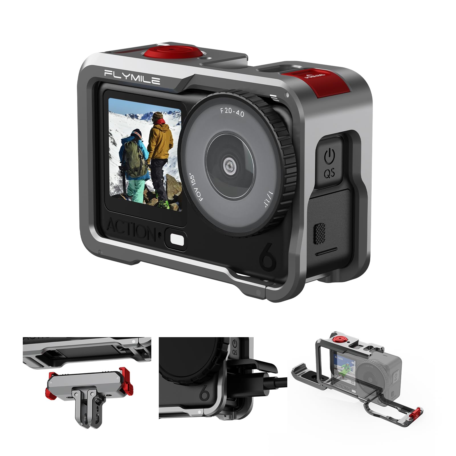 Flymile Action 6 Camera Cage for DJI Osmo Action 6, Protective Case Metal Frame with Silicone Lens Cap, Cold Shoe & 1/4" Threads Adapter, Aluminum Alloy Quick Release Mount Accessories