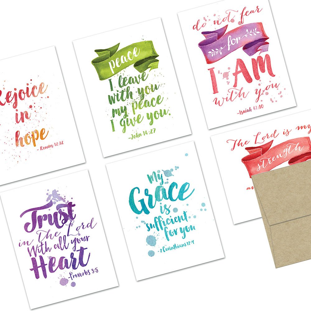 Note Card Cafe Religious Card with Kraft Envelopes | 72 Pack | Blank Inside, Glossy Finish | 6 Various Watercolor Scripture Designs | Bulk Set for Church, Friends, Appreciation