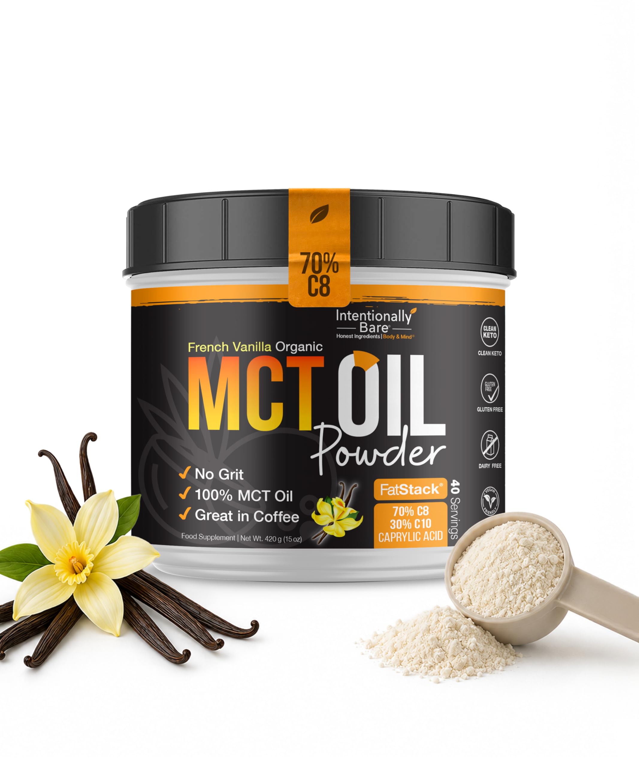 Intentionally Bare MCT Oil Powder - French Vanilla – Zero net Carbs 15oz French Vanilla 40 servings