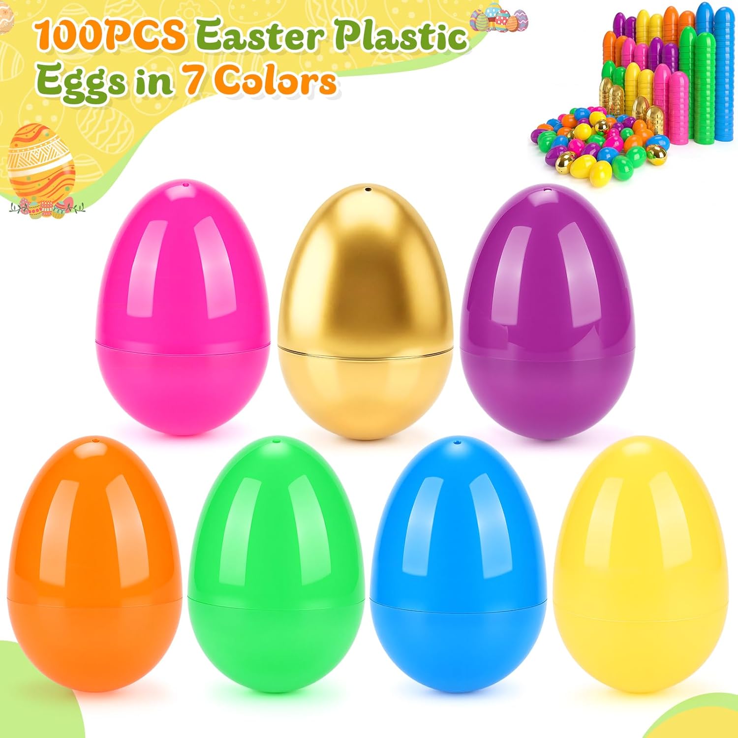 100PCS Easter Eggs Include 6 Surprise Golden Eggs, 3" Empty Fillable Colorful Bright Plastic Eggs Bulk for Easter Hunt, Easter Basket Stuffers Fillers Classroom Prize Party Favors