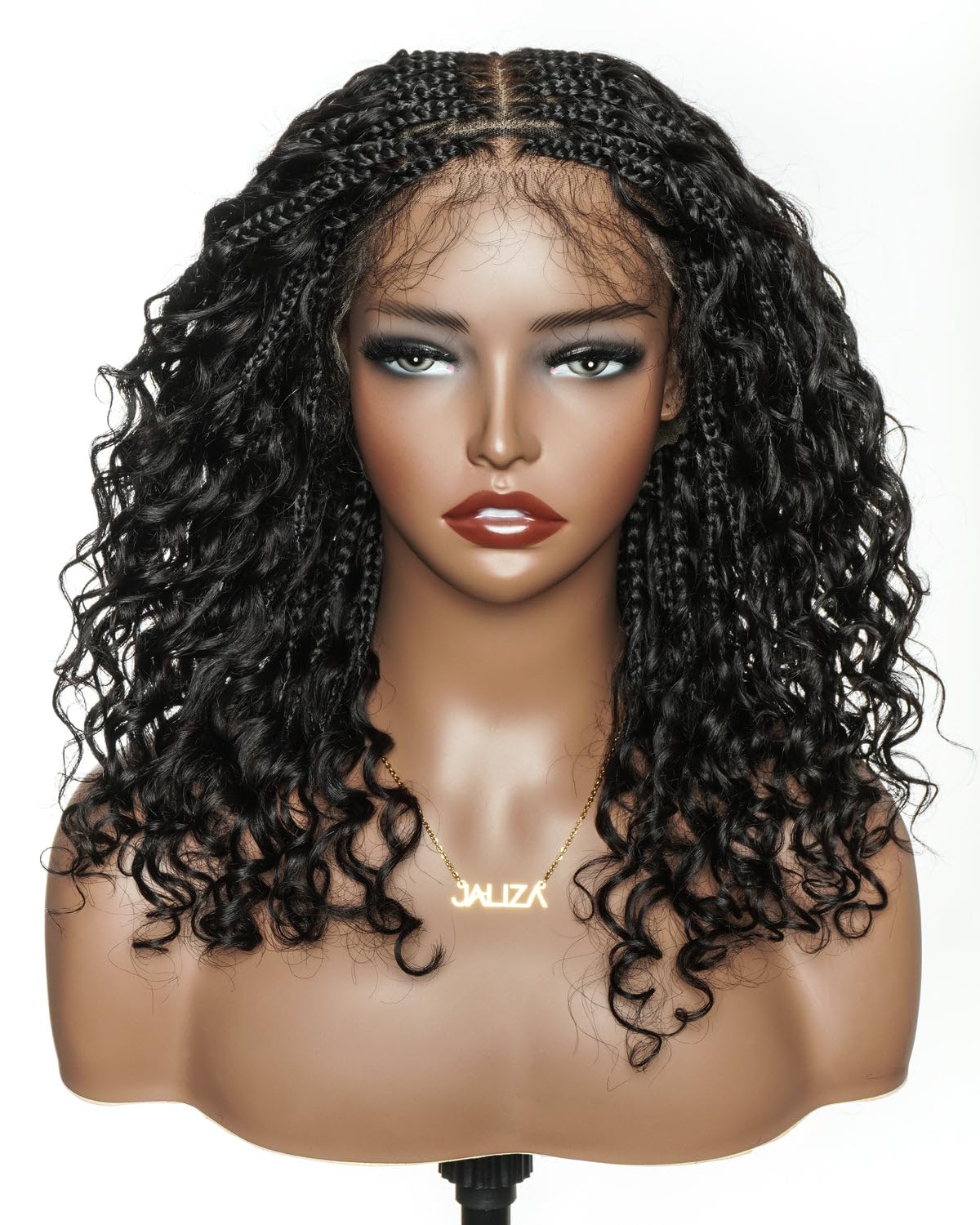 JALIZA 18"/22'' Full HD Lace Boho Box Braided Wigs - Spanish Curl Wave Human Hair Curls with Synthetic Braids - Pre-Bleached 121 Strands Lightweight Layered Sty