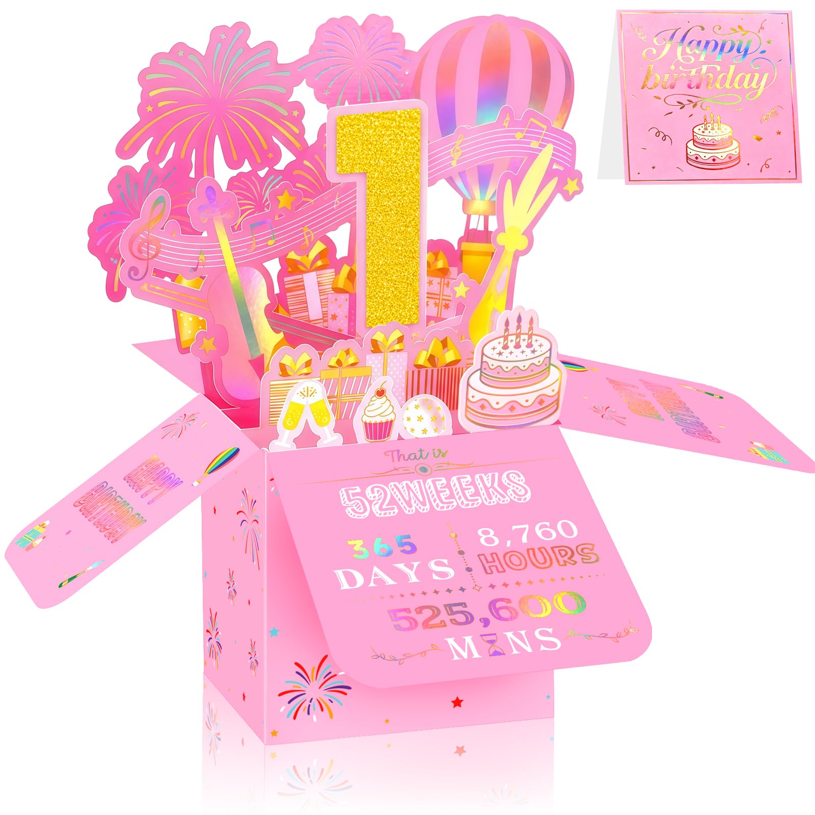 3D Pop Up 1st Birthday & First Anniversary Celebration Card, Pink and Gold Milestone Greeting Card, Birthday & Anniversary Party Decor Keepsake, Unique Gift for Girls Daughter Sister Cousin