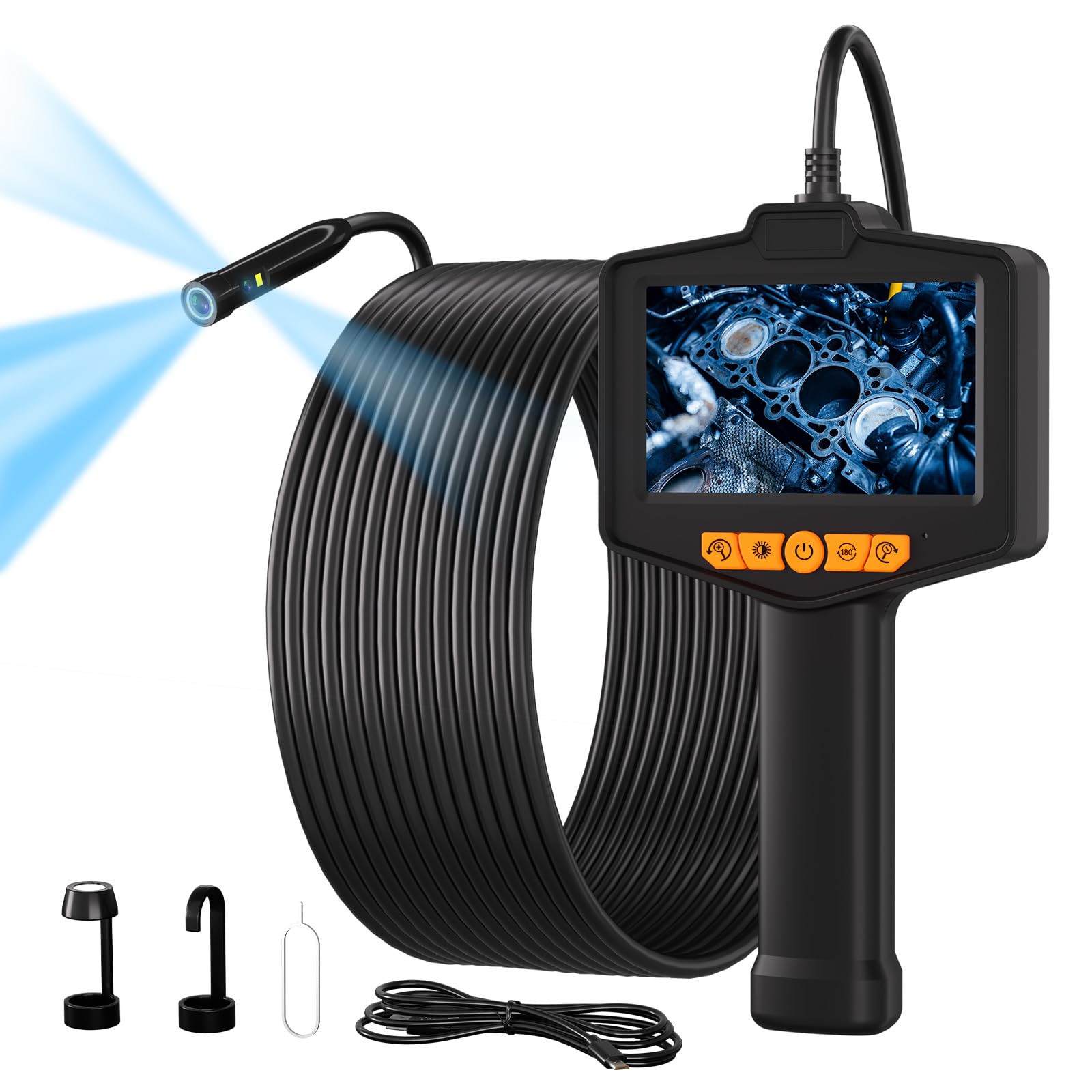 Endoskop-Kamera mit Licht, Dreifach-Linse, Kanalkamera, 5 m Kabel, 1080P IPS-HD-Bildschirm, 2 MP, IP67 wasserdichtes Endoskop, 2600 mAh Akku, 8 GB Speicher (M80-3lens-DVR-10M)