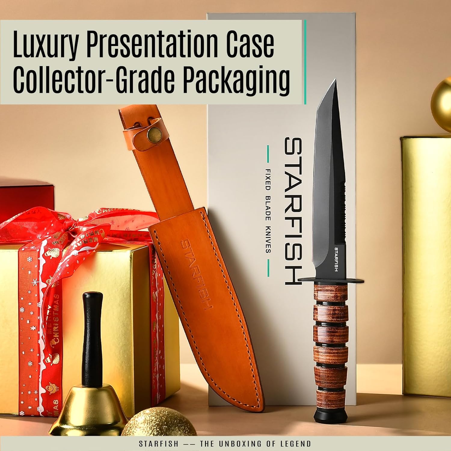 STARFISH Full Tang Fixed Blade Knife, 7.0” DC53 Steel Blade with Black Titanium Coating Hunting Knife with Sheath, Ergonomic Leather Handle Bushcraft Bowie Knives for Camping, Hiking