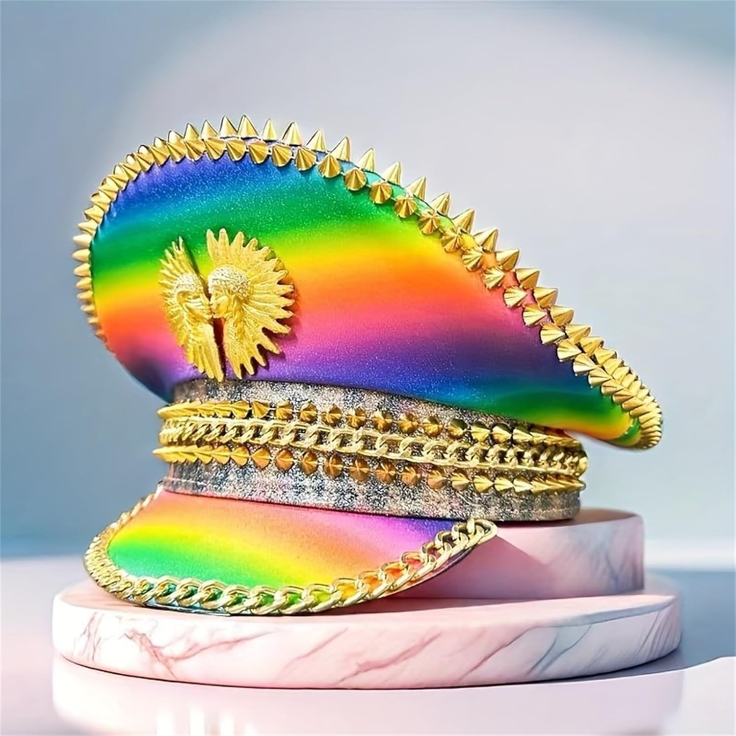Rainbow Pattern Bucket Hat with Decorative Rhinestones Rivets for Big Head Size Ensuring Comfortable Wear Festival Hat