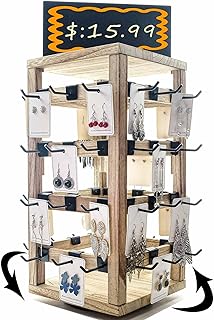 Wooden rotating Jewelry Display Stand with Removable 48 Hooks advertising board, For Earring Cards necklace bracelet Keychain Jewelry Organizer For Selling For vendor events (brown)