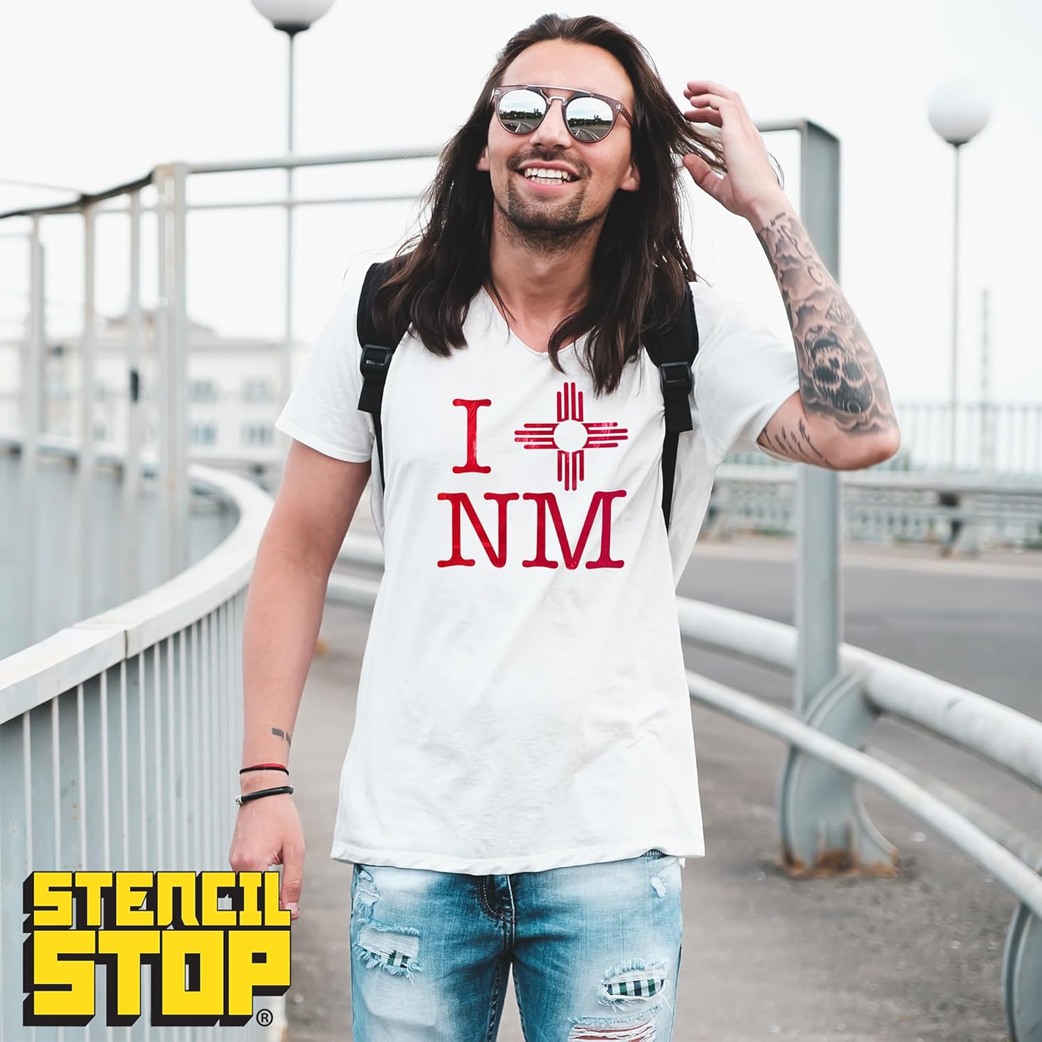 Stencil Stop I Love New Mexico with Zia Sun Stencil - Reusable for DIY Projects, Painting, Drawing, Crafts - 14 Mil Mylar Plastic (18 x 18 inches)