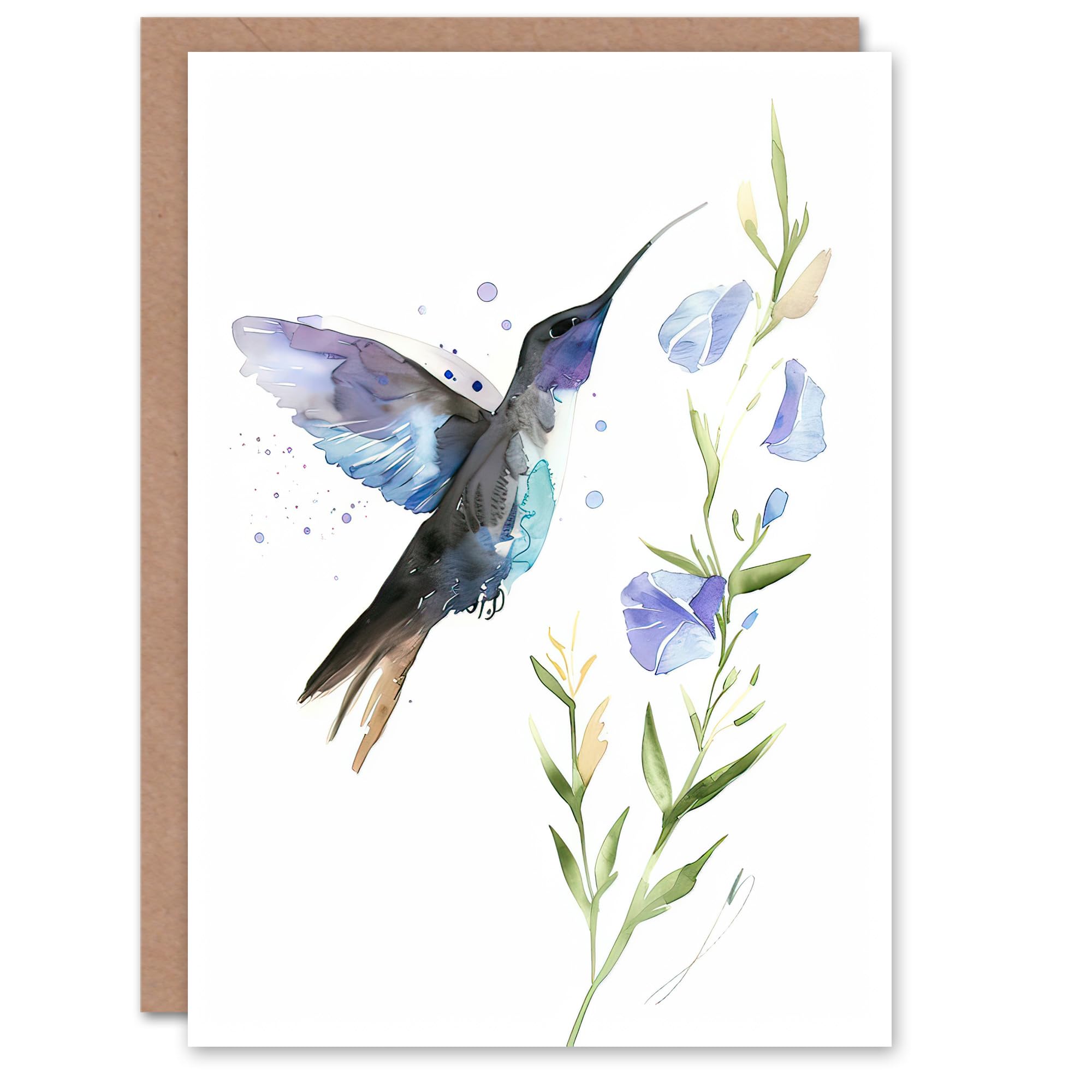 Artery8 Greeting Card Elegant Hummingbird with Wildflower Watercolour Blank For Him Or Her Art Birthday Card