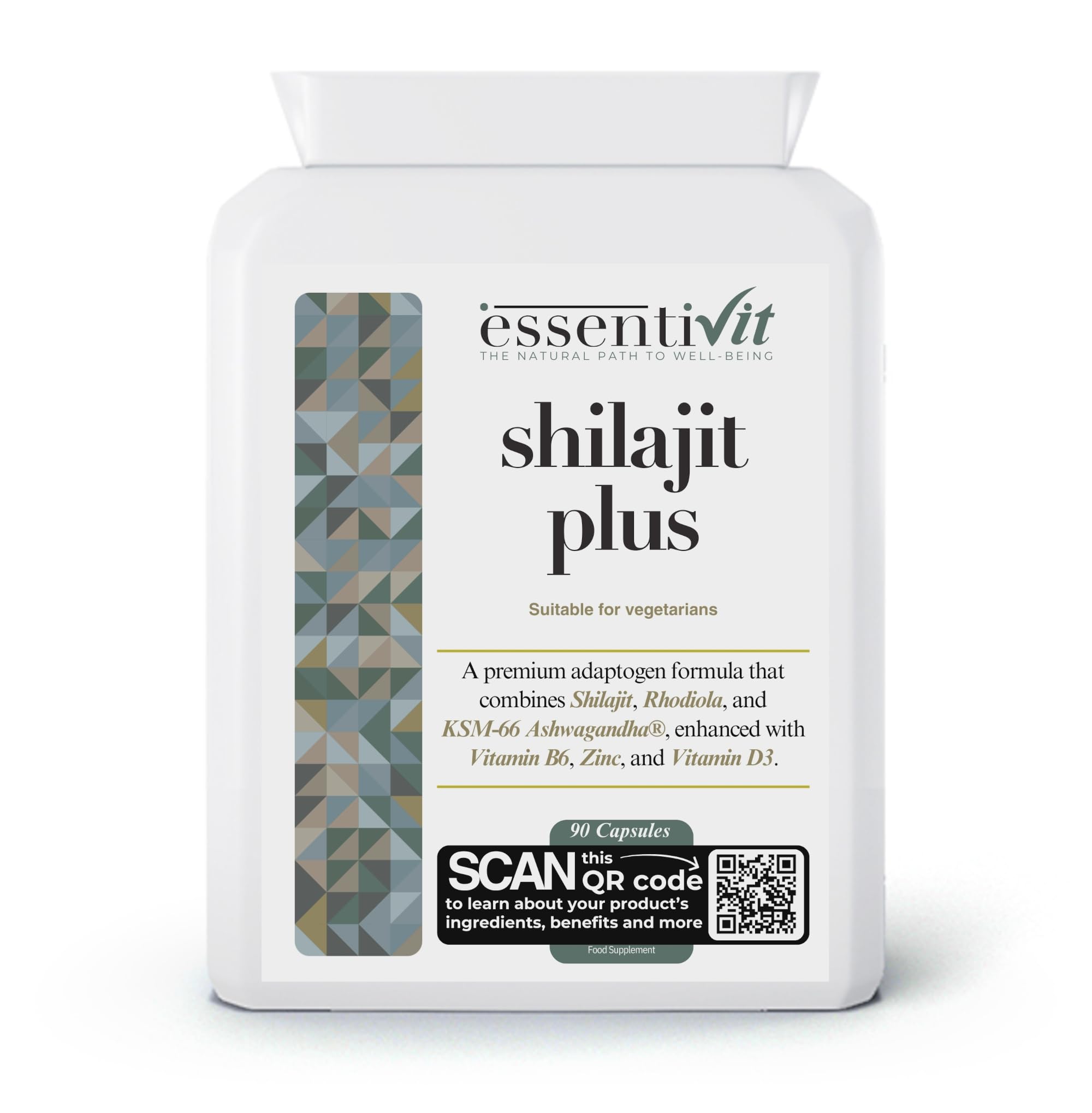 essentiVit Shilajit Plus - Premium Adaptogen Blend with Shilajit, KSM-66® Ashwagandha, Rhodiola, Vitamin B6, Zinc & Vitamin D3-90 Capsules - Suitable for Vegetarians