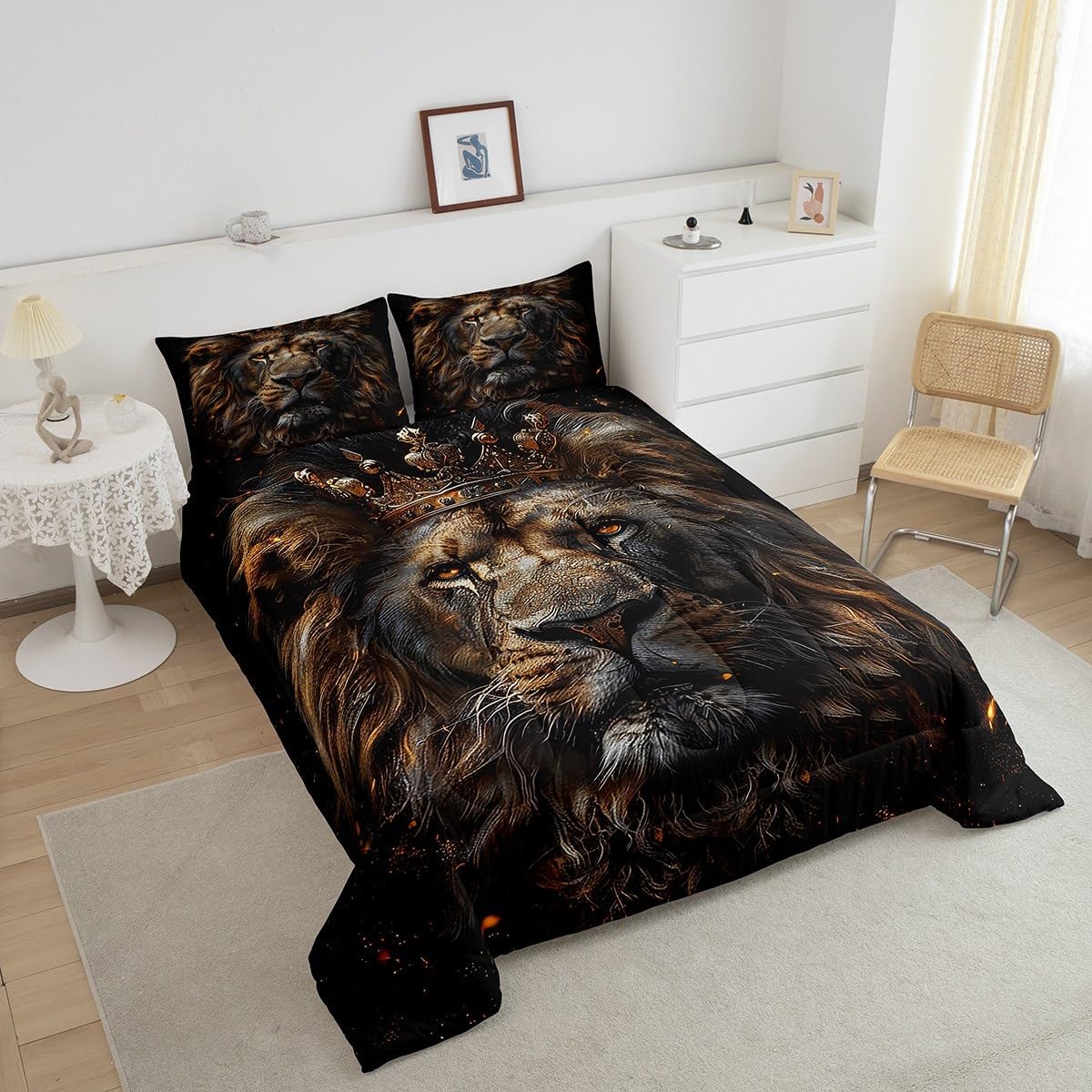 Castle Fairy 3D Lion Comforter Set Queen Size Wild African Animal Bedding Set Bedroom Decor Golden Glitter Crown Quilt Set Comfortable and Breathable Luxury Black Duvet Insert with 2 Pillowcases - Image 4