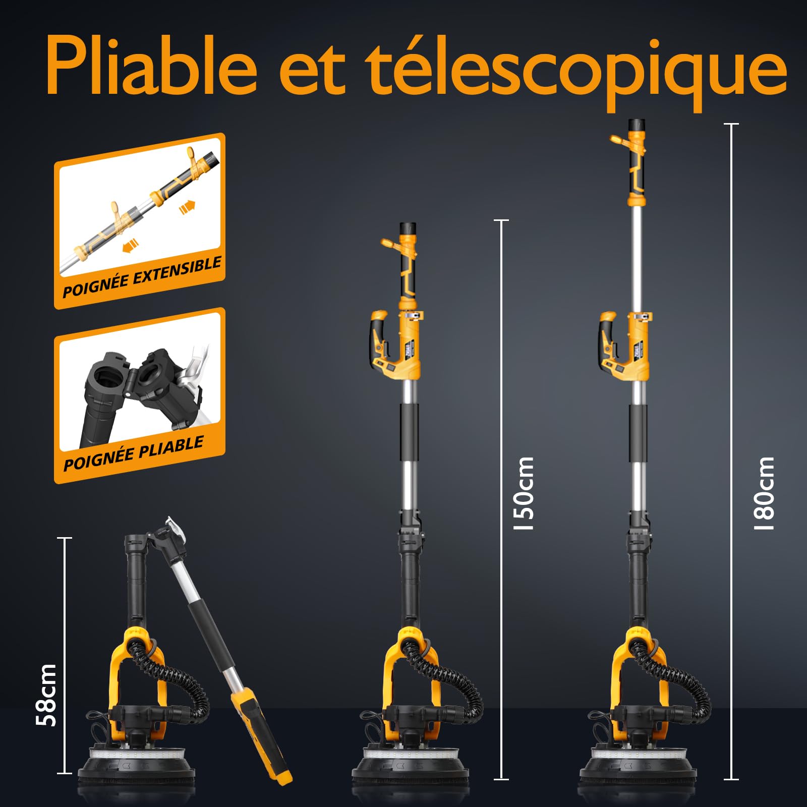 Ponceuse Girafe avec Système d'aspiration Automatique (880w), 5 vitesses,1000-2100rpm, Ponceuse Murale Électrique Pliable, avec lumière LED, Poignée Pliable et Sac d'aspiration