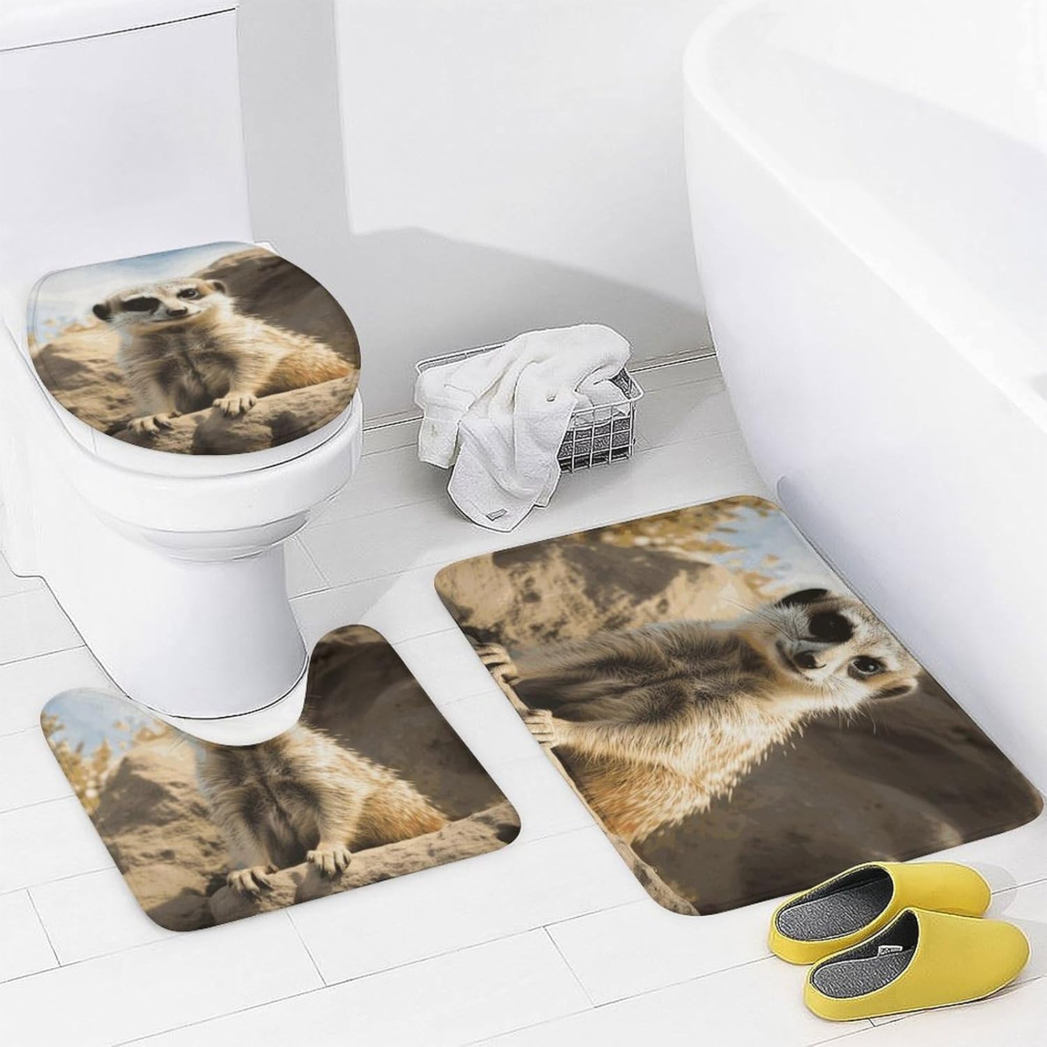 Meerkat Animal Shower Curtain Set 4 Piece, Non-Slip Bath Mat with Toilet Lid Cover and Waterproof Shower Curtain with 12 Hooks, Complete Bathroom Set for Home Decor