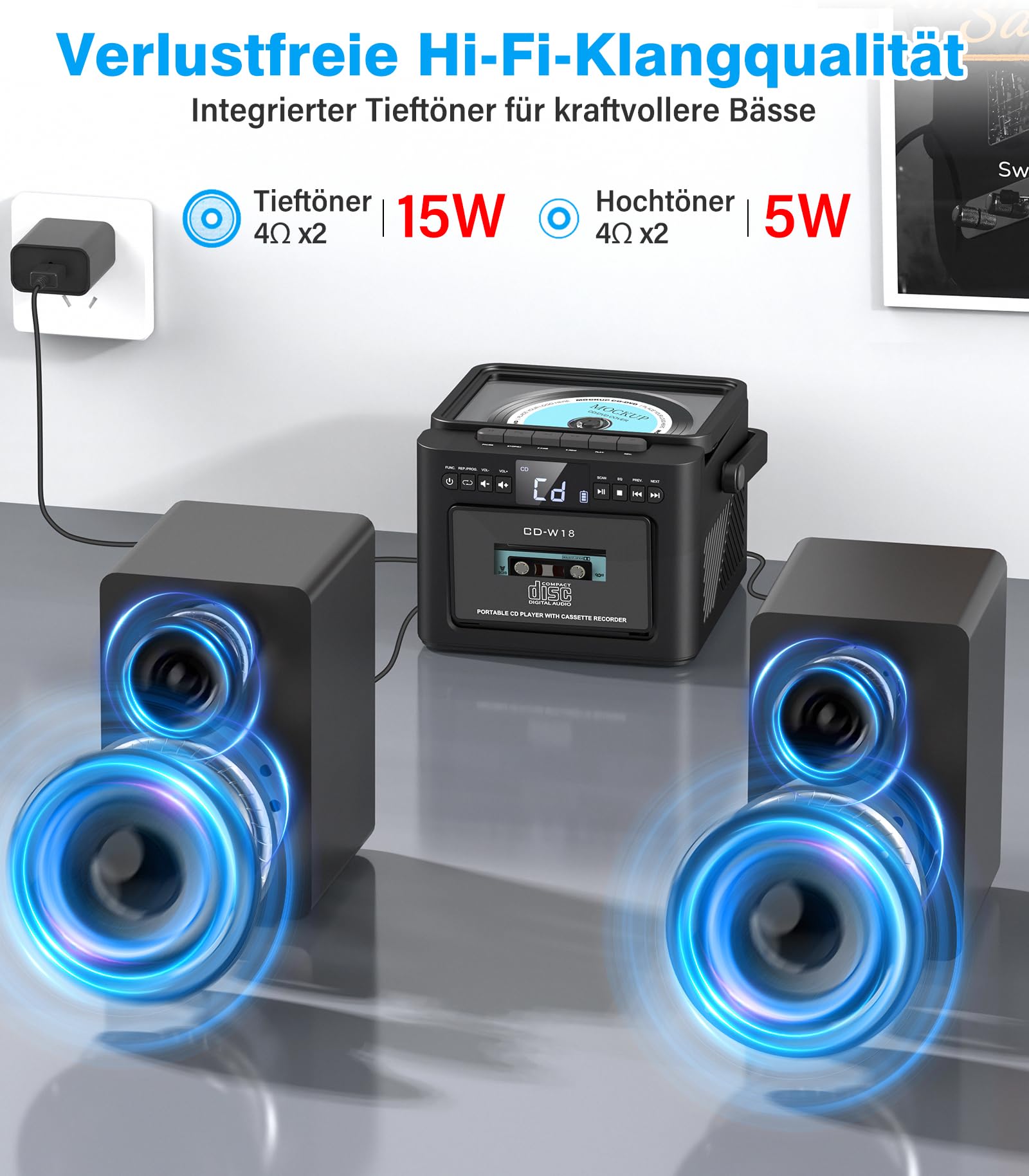 Greadio - Sistema estéreo con reproductor de CD y grabadora de cassette, altavoz de 40 W con Bluetooth 5.1, reproductor de cassette con radio FM, USB, TF, AUX, mando a distancia, equipo de música HiFi