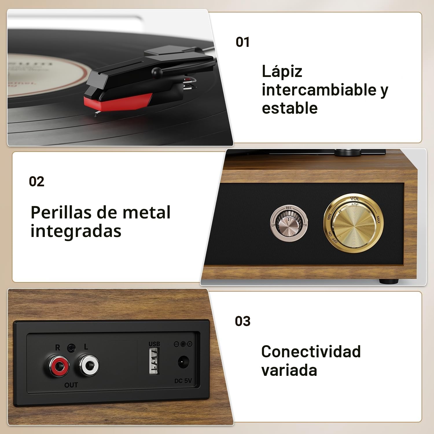 FYDEE Tocadiscos de Vinilo con USB para Grabación y Reproducción, Bluetooth Bidireccional, Altavoces Integrados y Compatibilidad 33/45/78 RPM, Auto Stop y Tapa Antipolvo - Teca