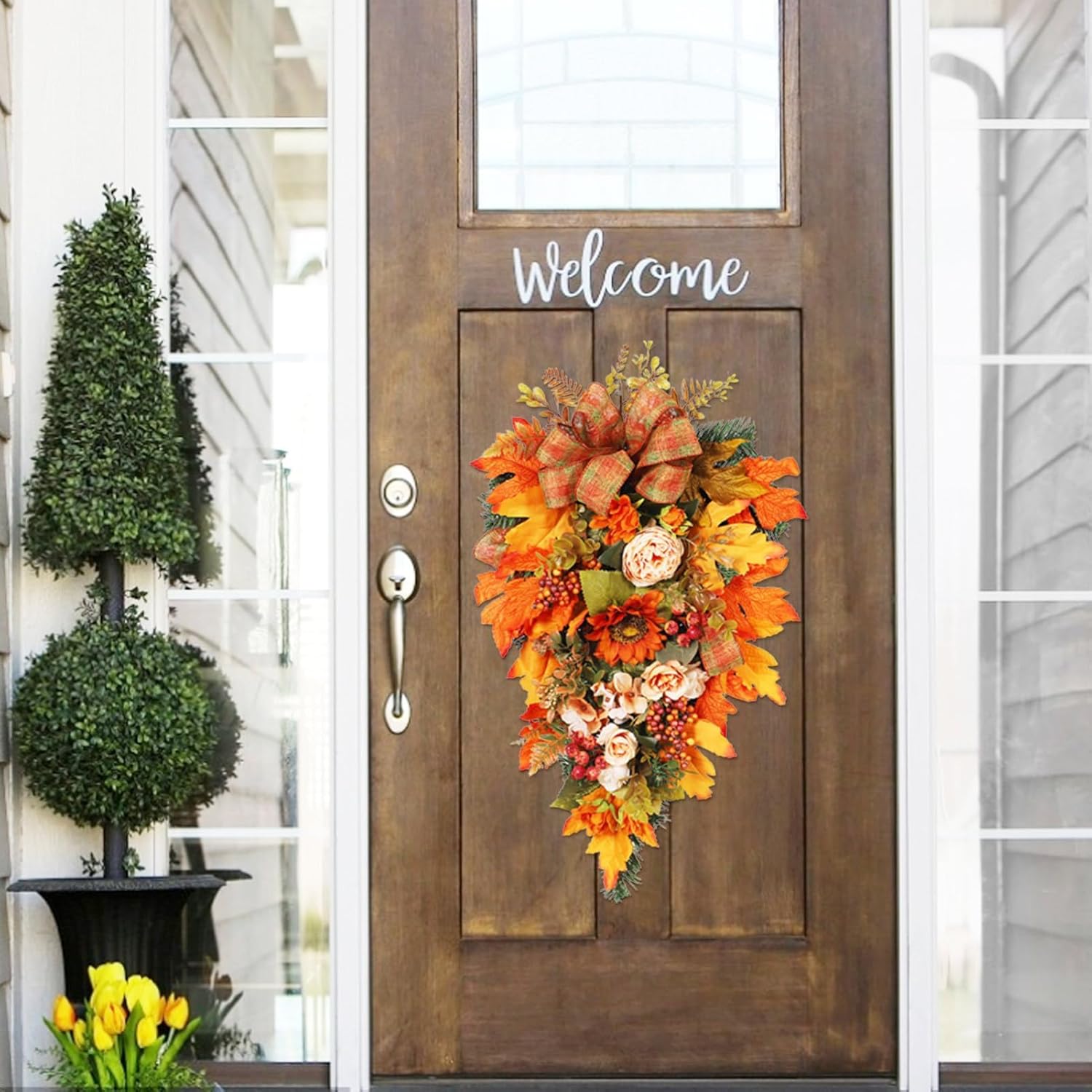 Maple Leaf Door Hanger Fall Flowers Wreath Thanksgiving Decoration Garland Hanging Maple Leaf Fall Decoration Simulation Garland Pendant Window Decor (B)