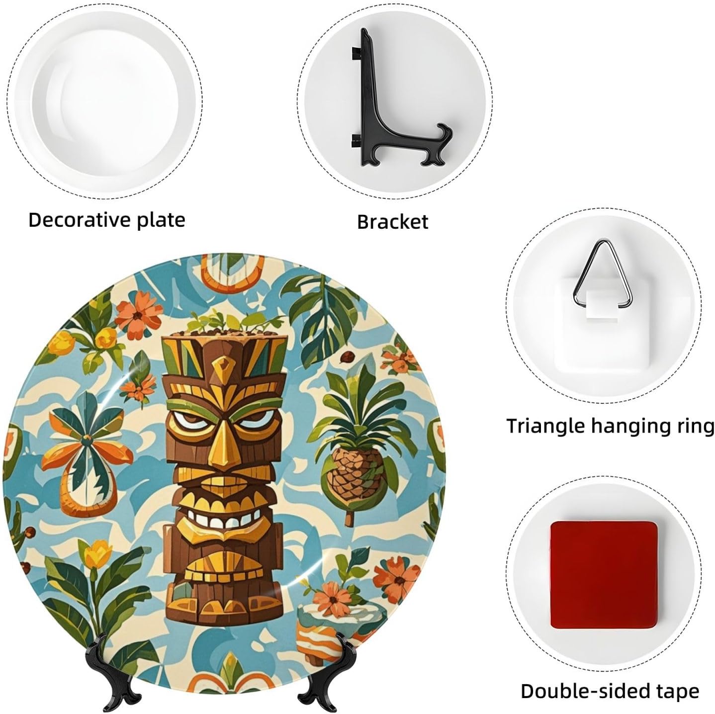 Decorative Plate 10in Dessert Plate Ornament Ceramic Plates with Display Vintage Aloha Tiki Pattern Bone China Decorative Plat Stand Hanging Porcelain Plate for Home Wall Decor