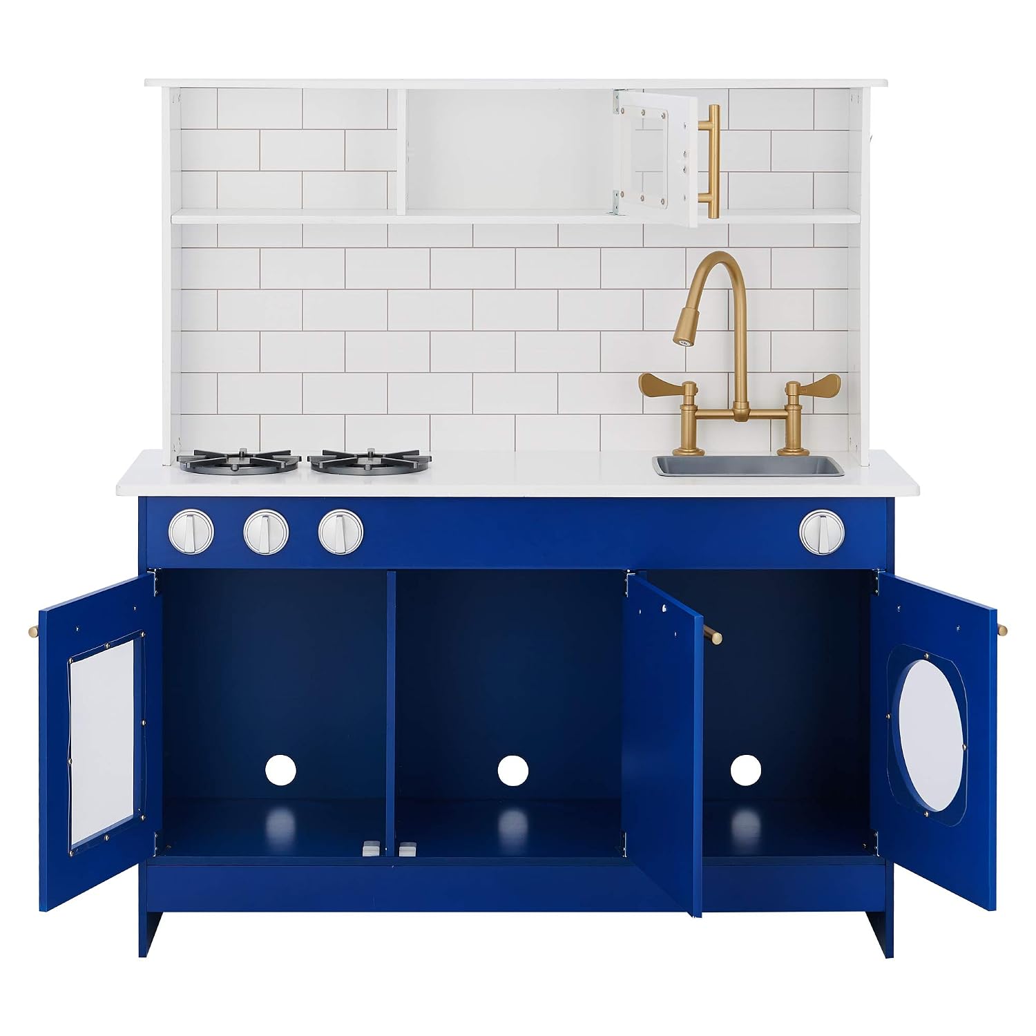 Teamson Kids Little Chef Berlin Kids Play Kitchen with 6 Kitchen Accessories, Wooden Play Kitchen Set for Toddlers with Subway Tile Backsplash, Gold Hardware, & Storage Shelves, Blue/White
