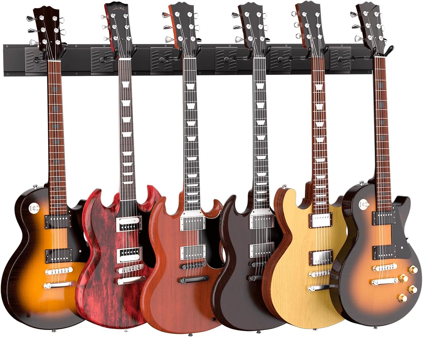 Guitar Wall Mount, Woodgrain Rack with 6 Adjustable Guitar Hangers, Guitar Wall Hanger with Pre-Drilled Holes, 48" Alloy Steel Multiple Guitar Holder Stand,Black