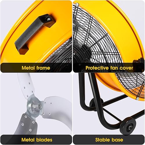 Miniatura 6 de Xcity Ventilador de tambor de metal de 24 pulgadas, ventilador de piso industrial de alta velocidad máximo de 8700 CFM con inclinación de 360° y 3