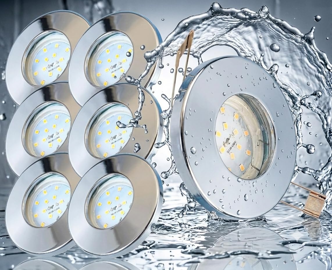 Trango 6er Set IP65 Bad Einbaustrahler 6729IP65-068-5WAK Edelstahl poliert inkl. 6x 5 Watt GU10 LED Leuchtmittel 3000K warmweiß Außen Einbauleuchte, Bad Leuchte, Deckenspot, Dusche Deckenleuchte