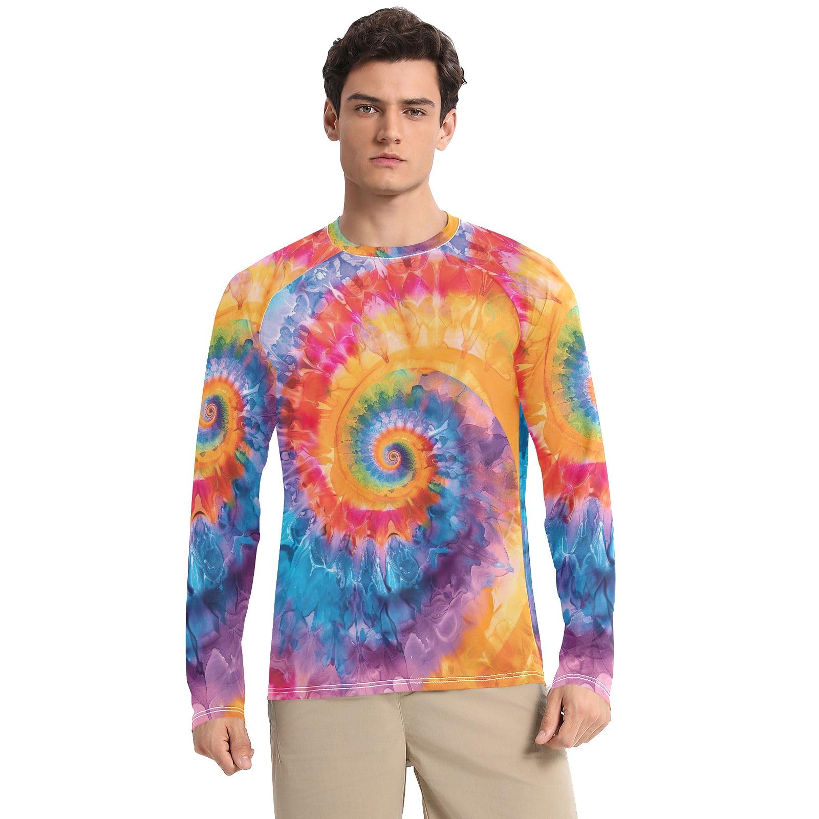 UPF 50+ Men's Rash Guard Long Sleeve Quick Dry Workout Shirts UV Sun Protection Sun Shirts, Tie Dye Colorful Spiral, Medium