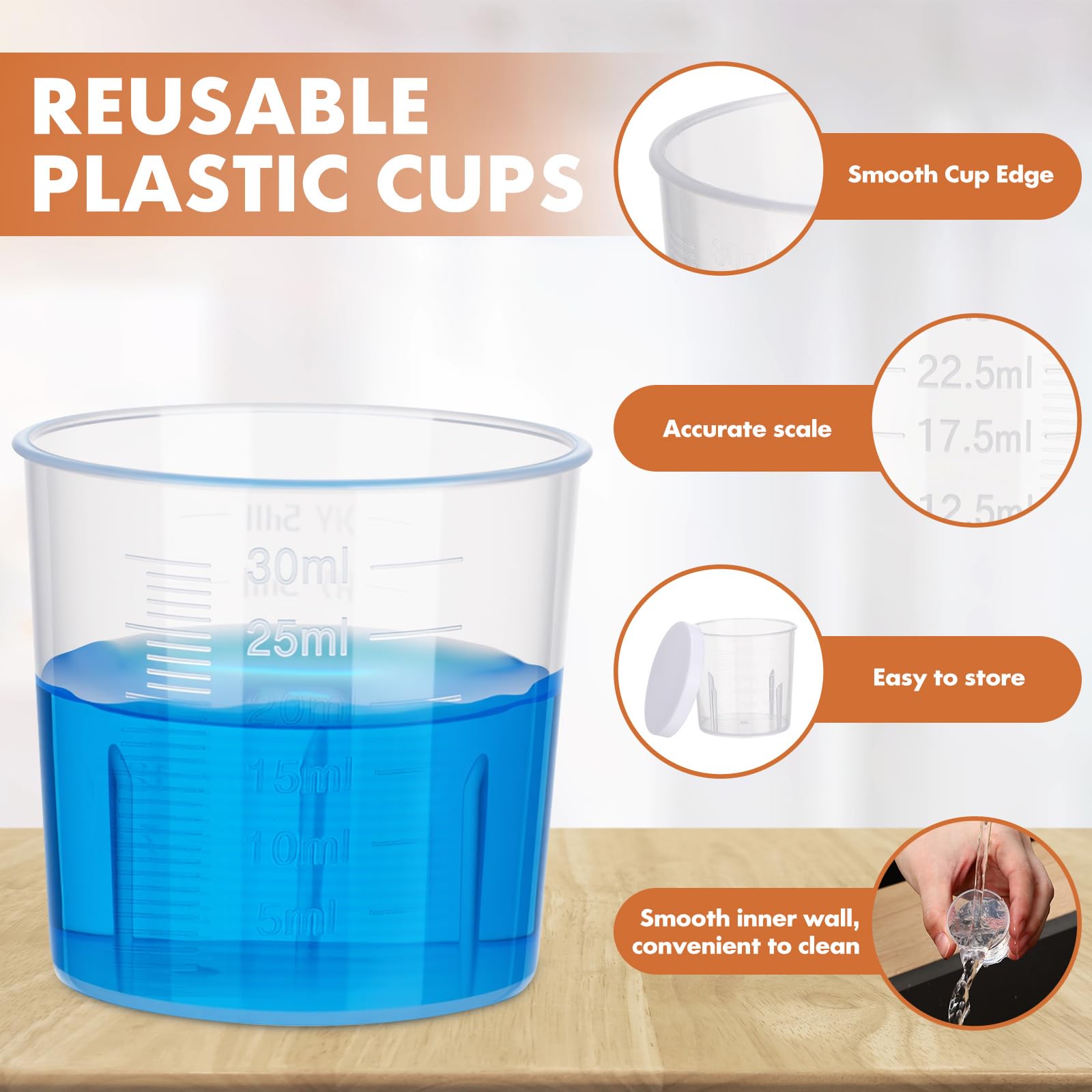 Vasos de plástico para medicina con tapa, 30 ml, transparente, medición, recipiente graduado para fines médicos o mezcla y medición de resina epoxi, manualidades y manualidades (30 ml, 500
