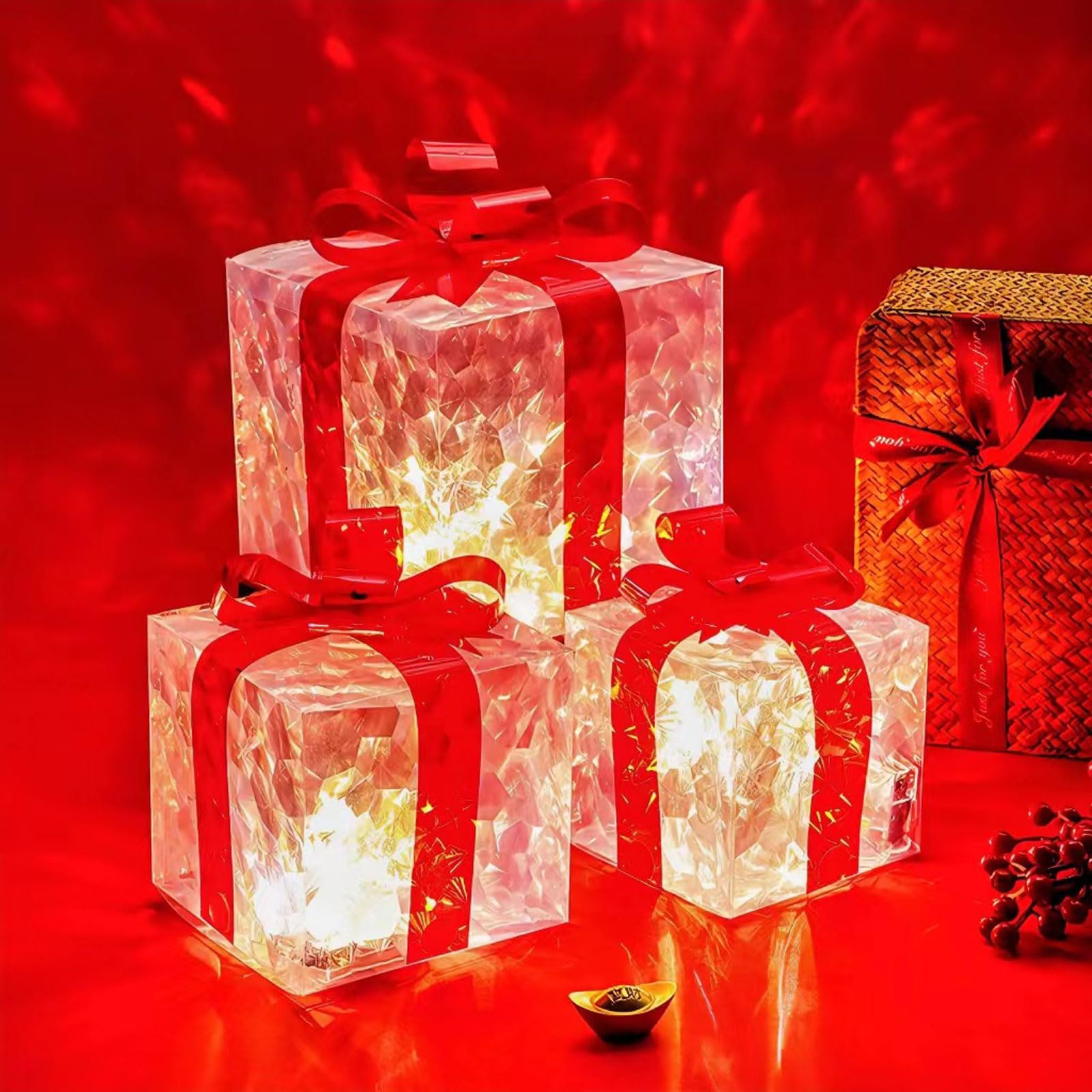 ozdoby świąteczne, Podświetlane świąteczne pudełka prezentowe, zestaw 3 sztuk, wielokolorowe, 13-19 cm(3piece red bow set)