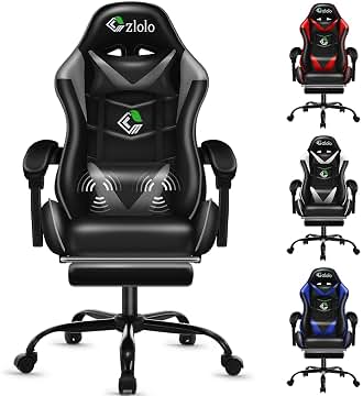 Silla Gaming con Masajeador, Silla de Estilo Racing Ergonómica Reclinable con Reposapiés y Reposabrazos Acolchados,Respaldo Alto y Cervical, Ruedas 360°, para Adultos y niños,Gris