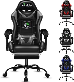 Silla Gaming con Masajeador, Silla de Estilo Racing Ergonómica Reclinable con Reposapiés y Reposabrazos Acolchados,Respaldo Alto y Cervical, Ruedas 360°, para Adultos y niños,Gris