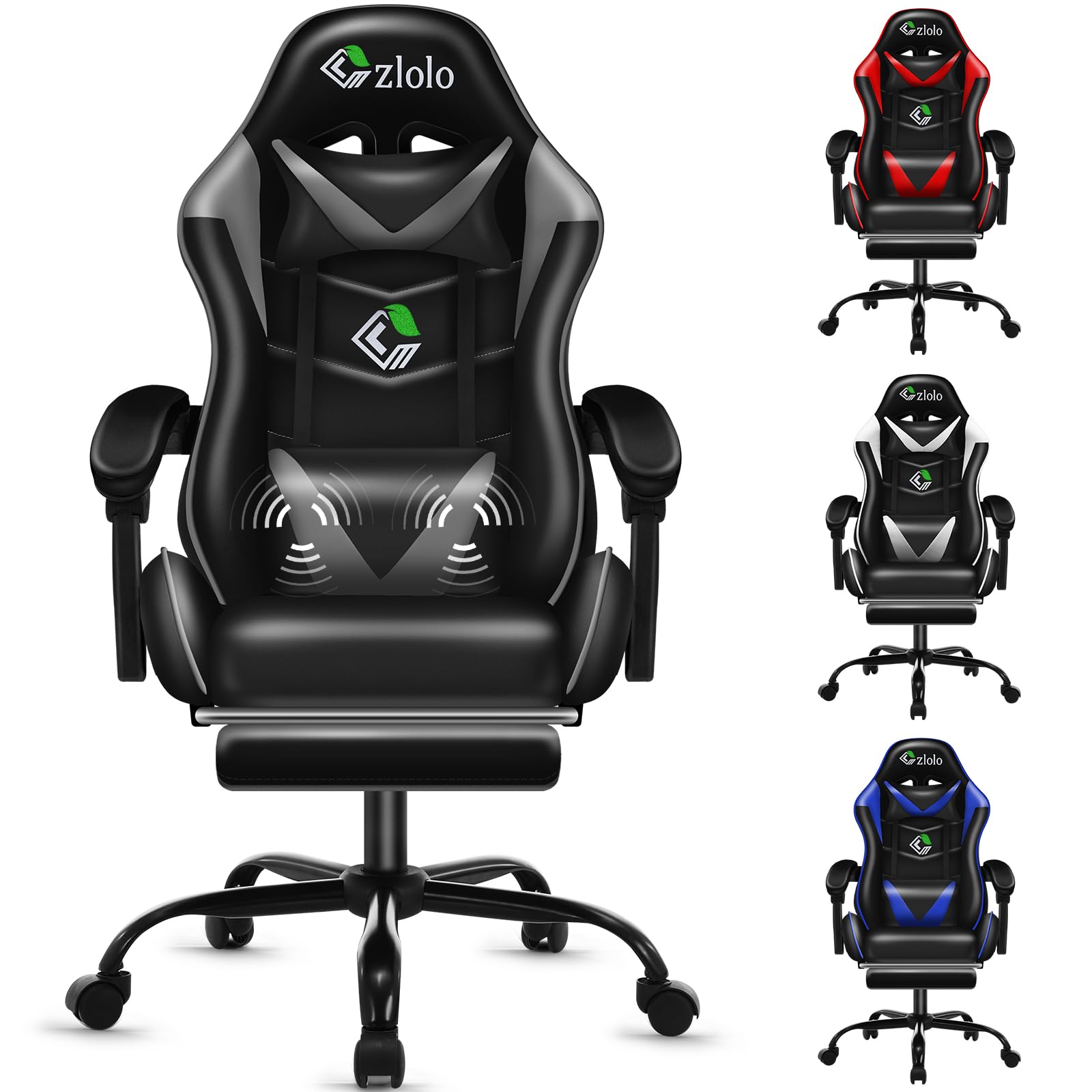 Silla Gaming con Masajeador, Silla de Estilo Racing Ergonómica Reclinable con Reposapiés y Reposabrazos Acolchados,Respaldo Alto y Cervical, Ruedas 360°, para Adultos y niños,Gris