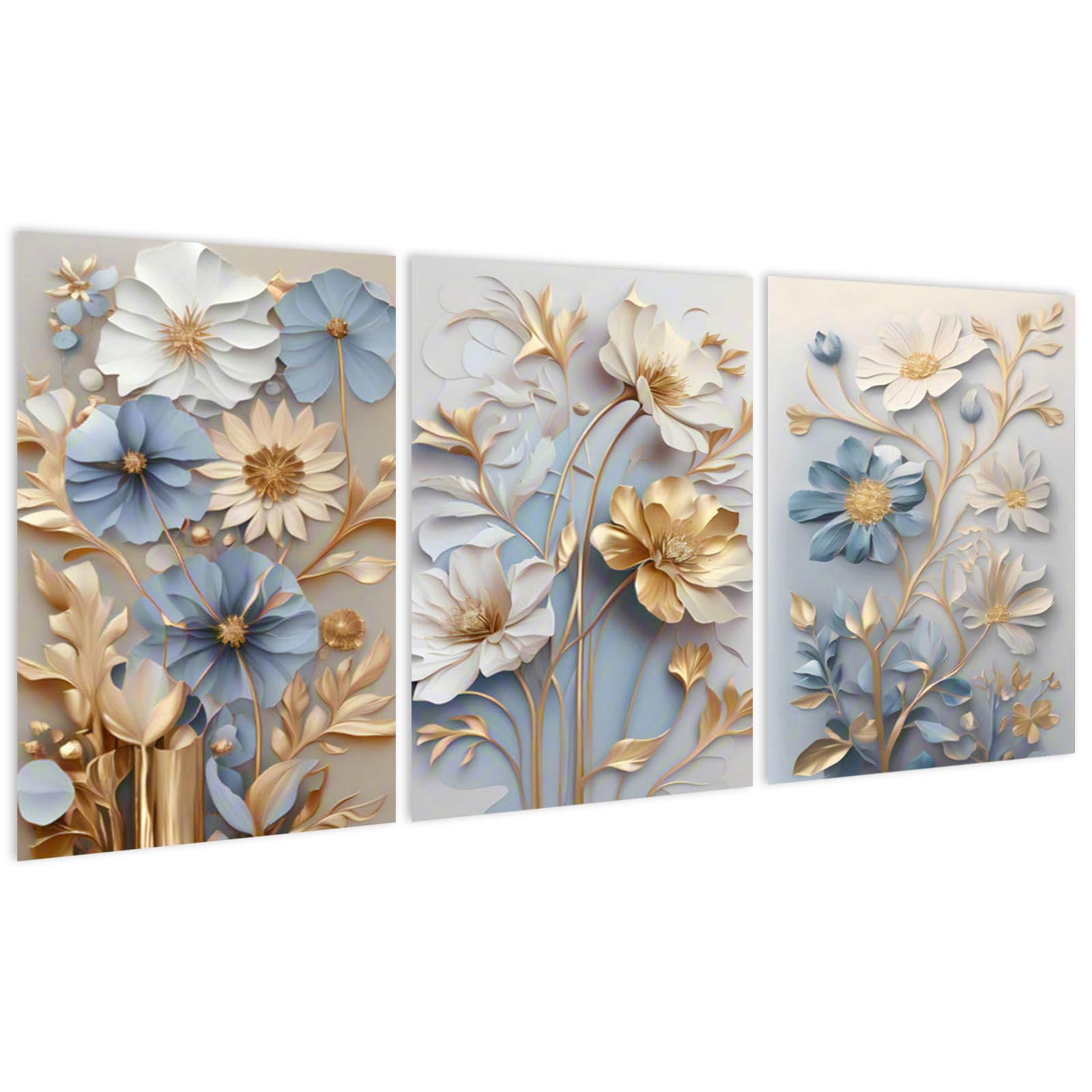 burkfeeg 3 Unidades de Flores Azules Decoración de Pared Cocina Cuadros Cocina Comedor Decoración Mural Moderno Lienzo Imagen Sala de Estar Baño Decoración pared 30 x 50 cm (Sin Marco)