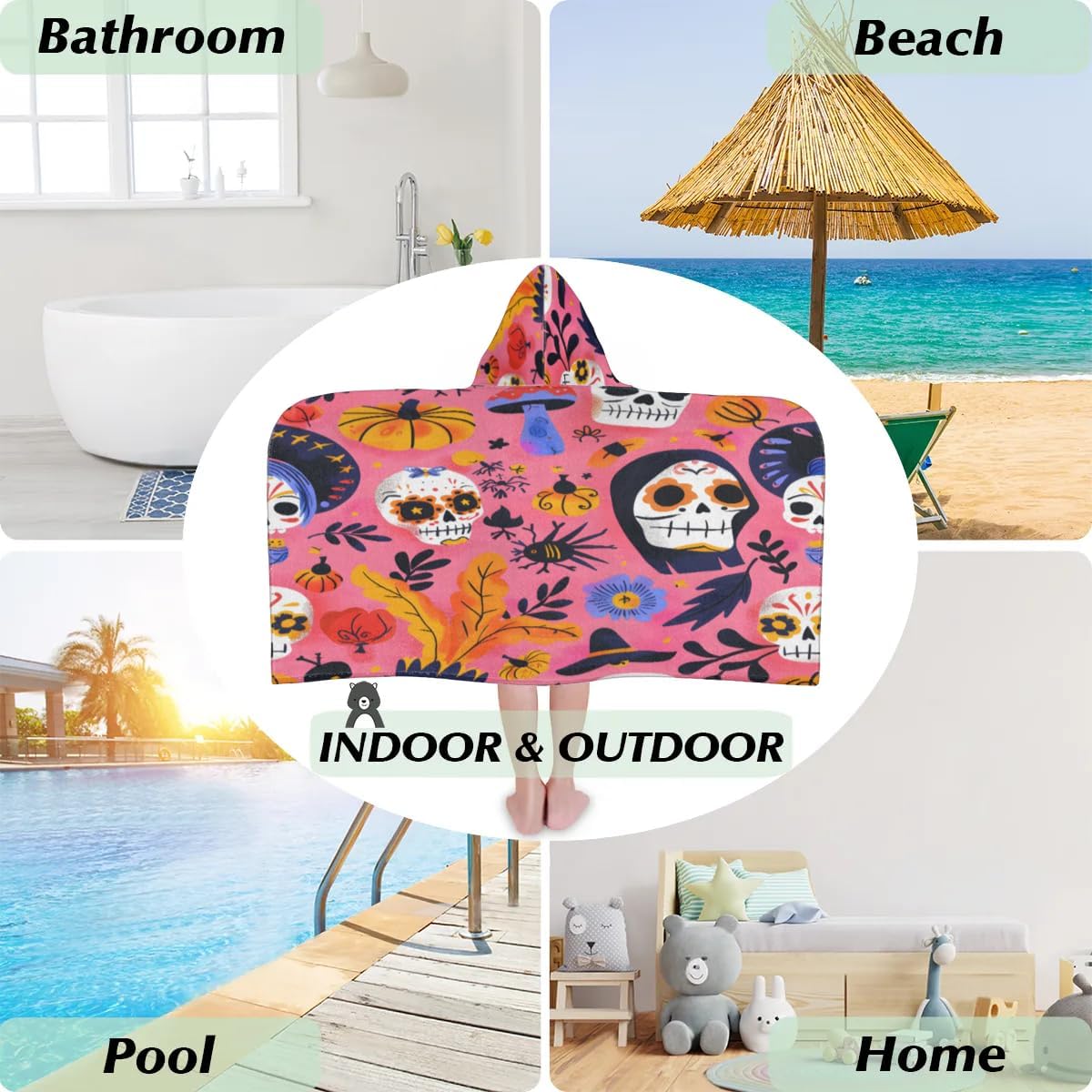 Pardick Skull Pumpkin Flower Kids Bath Towel Beach Towel with Hood Pool Cover Up for Girls Boys Soft Absorbent Hooded Bath Towel Toddler Towels for Beach, Pool