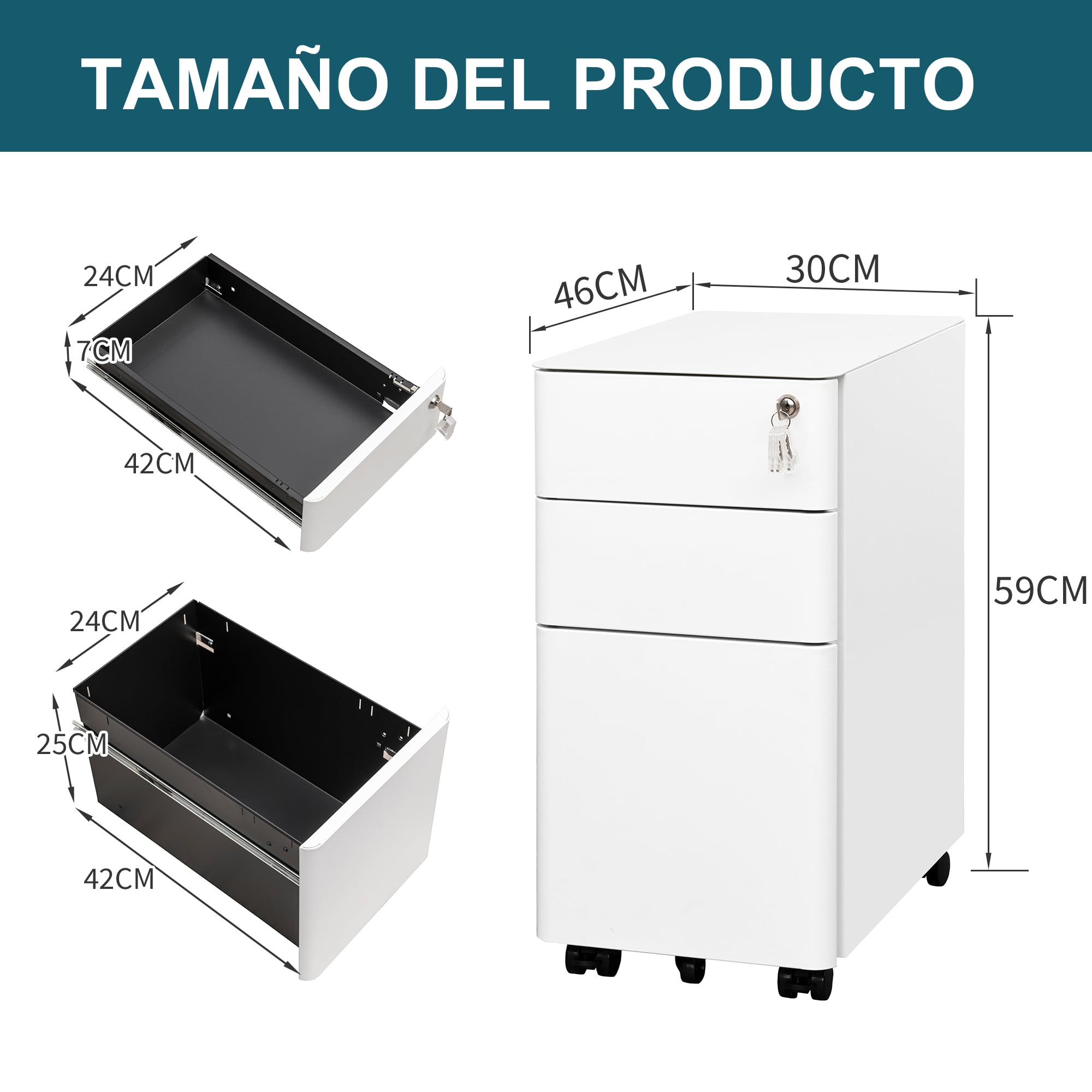 Archivador Móvil, Cajonera de Escritorio Metálica Cerrable, con 4 Llaves, Completamente Ensamblado, para A4/Documentos/Carpetas de Archivo
